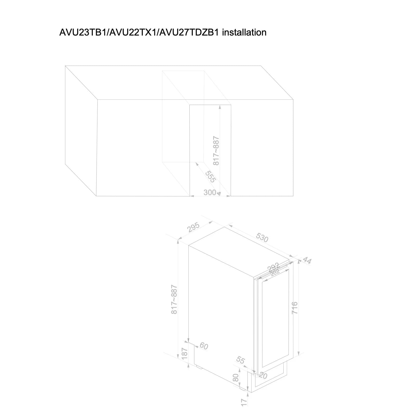 Plano de encastre de la Vinoteca 25 botellas Avintage AVU27TDZB1 doble zona con las dimensiones para su integración.