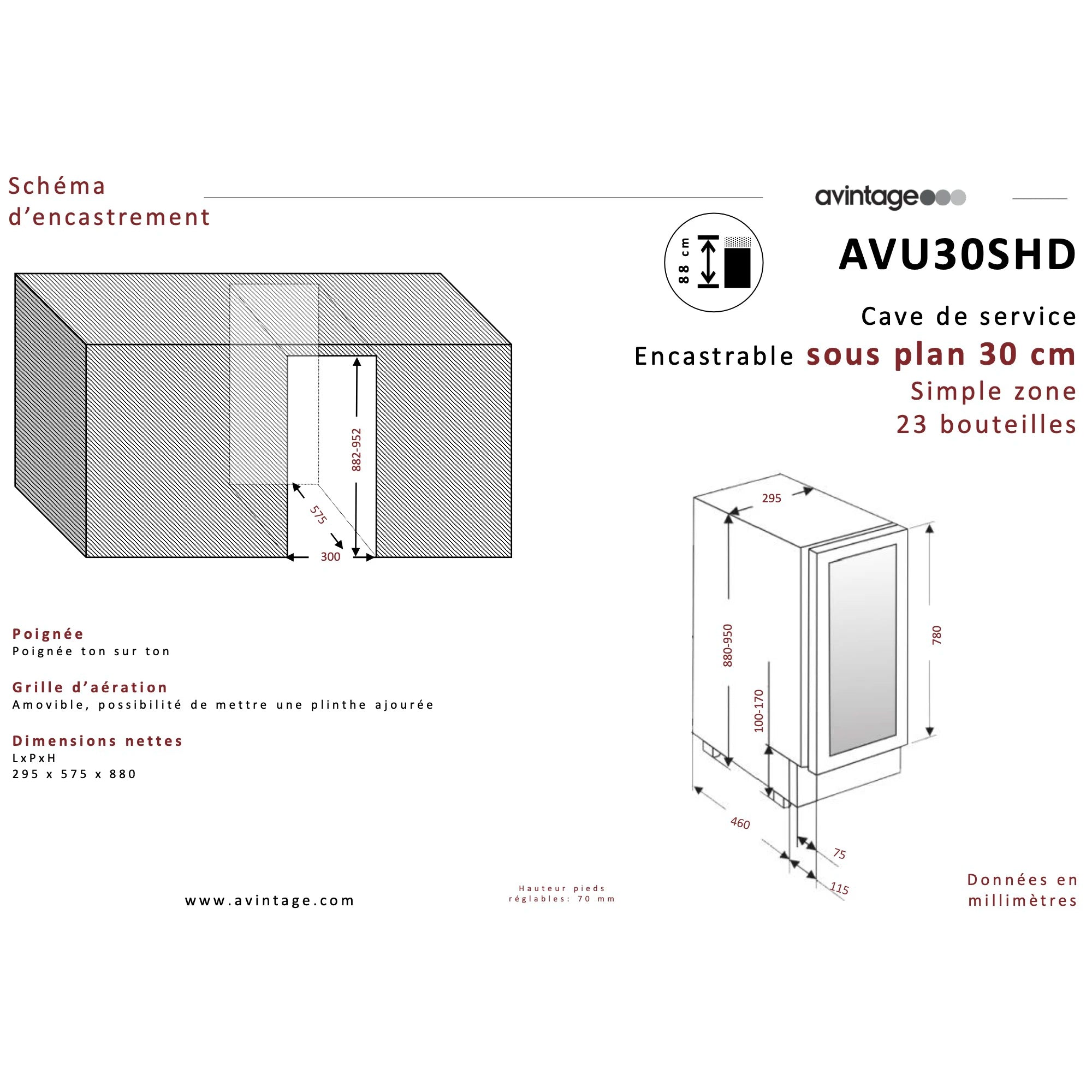 Diagrama de encastre de la Vinoteca 23 botellas Avintage AVU30SHD Bajo encimera con dimensiones y recomendaciones de instalación.