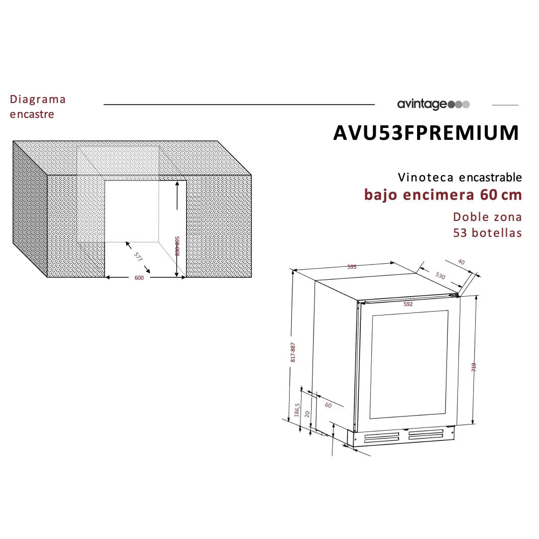 Fotografía de la Vinoteca 53 botellas Avintage AVU53FPREMIUM doble zona.