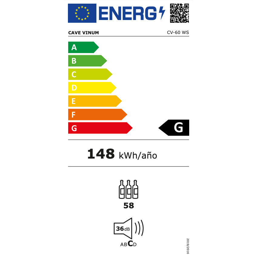 Etiqueta energética de la vinoteca Cave Vinum CV-60-CWS de 60 botellas, clase G y consumo anual de 148 kWh.