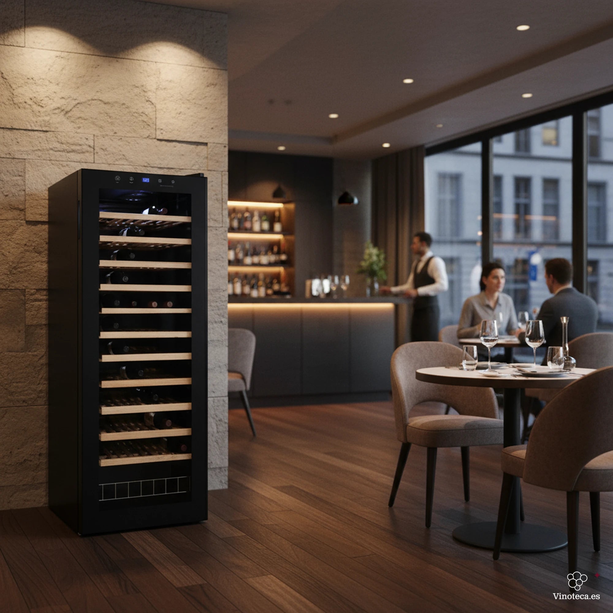 Vinoteca Cave Vinum CV-60-CWS de 60 botellas en ambiente de restaurante, con botellas visibles en el interior.