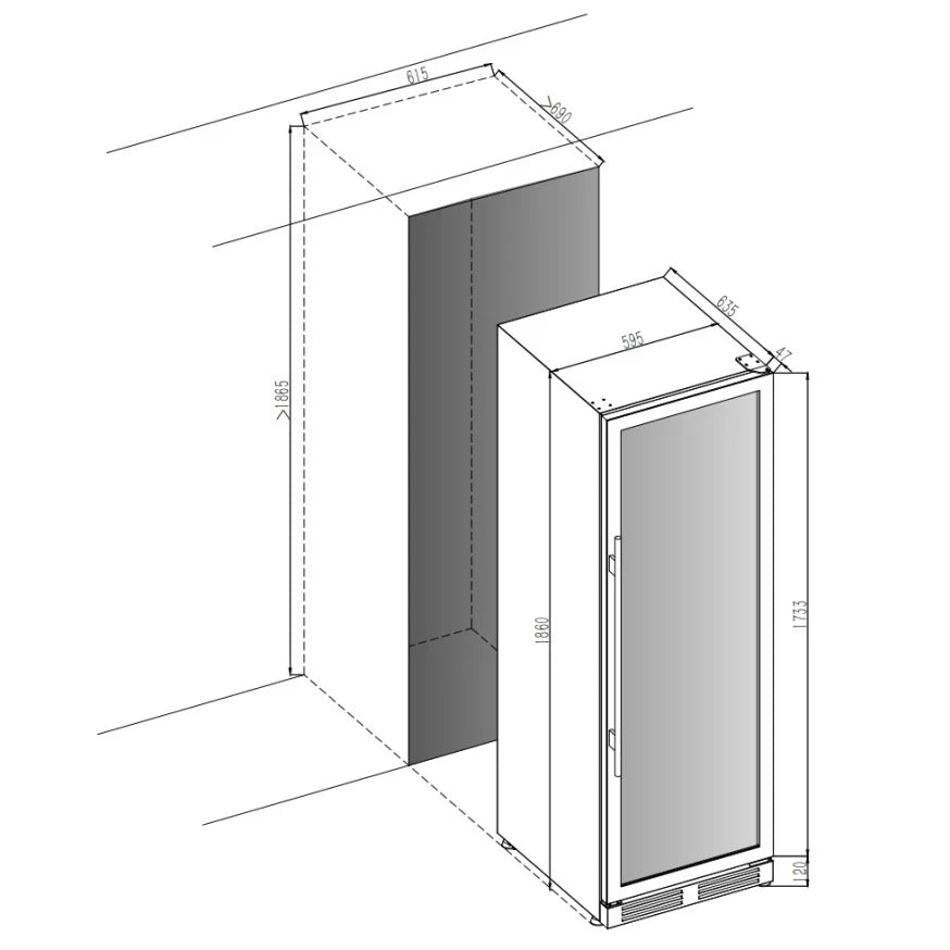Esquema en 3D de instalación de vinoteca Cavin Arctic Collection, con dimensiones exteriores del aparato y del nicho necesario para empotrar.