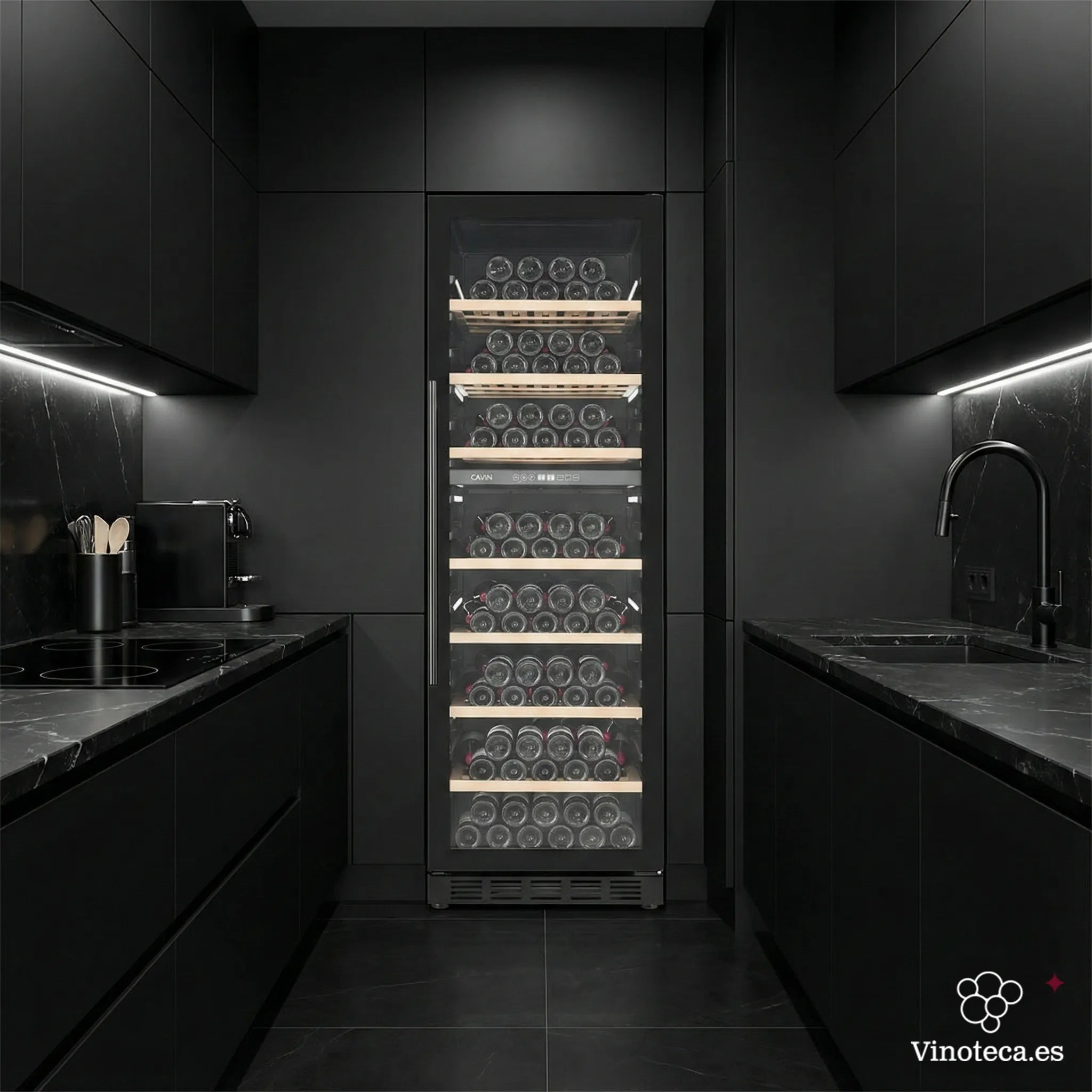 Vinoteca Cavin Arctic Collection 151D Fullglass black de 151 botellas, doble zona, integrable en columna de cocina.
