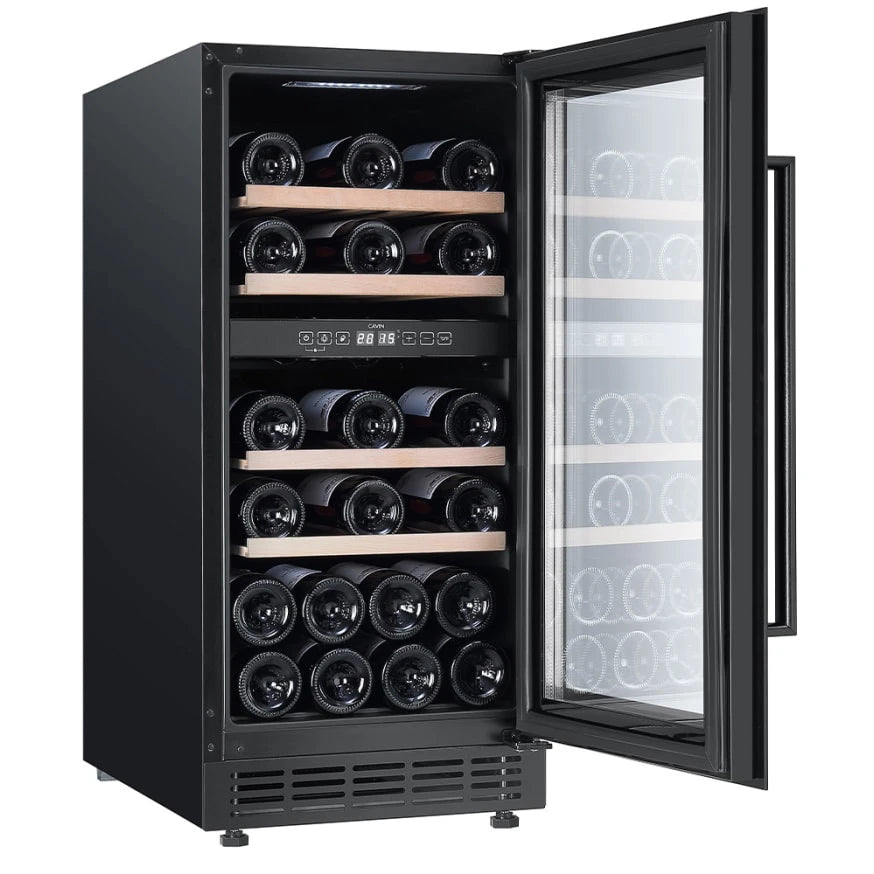 Vinoteca 28 botellas Cavin Arctic Collection 40D Fullglass Black vista lateral con puerta abierta y llena de botellas de vino
