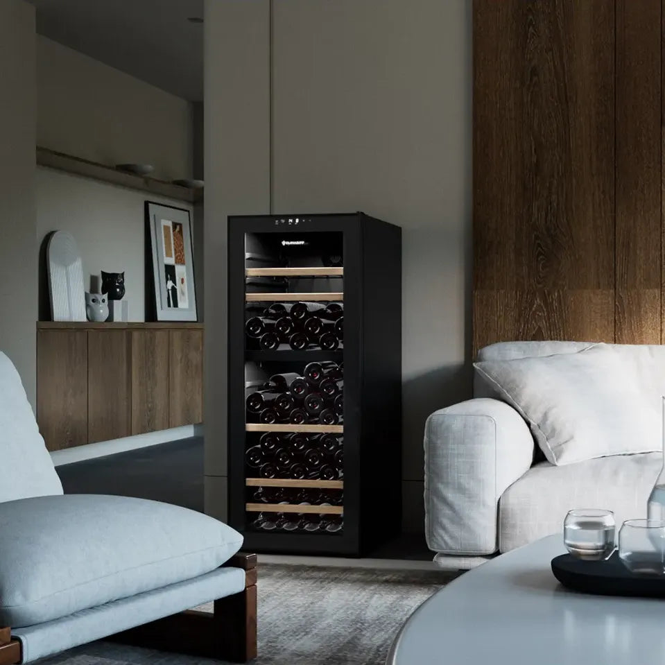 Climadiff CEPAGE108DZ, vinoteca de 108 botellas doble zona con puerta de cristal gris.