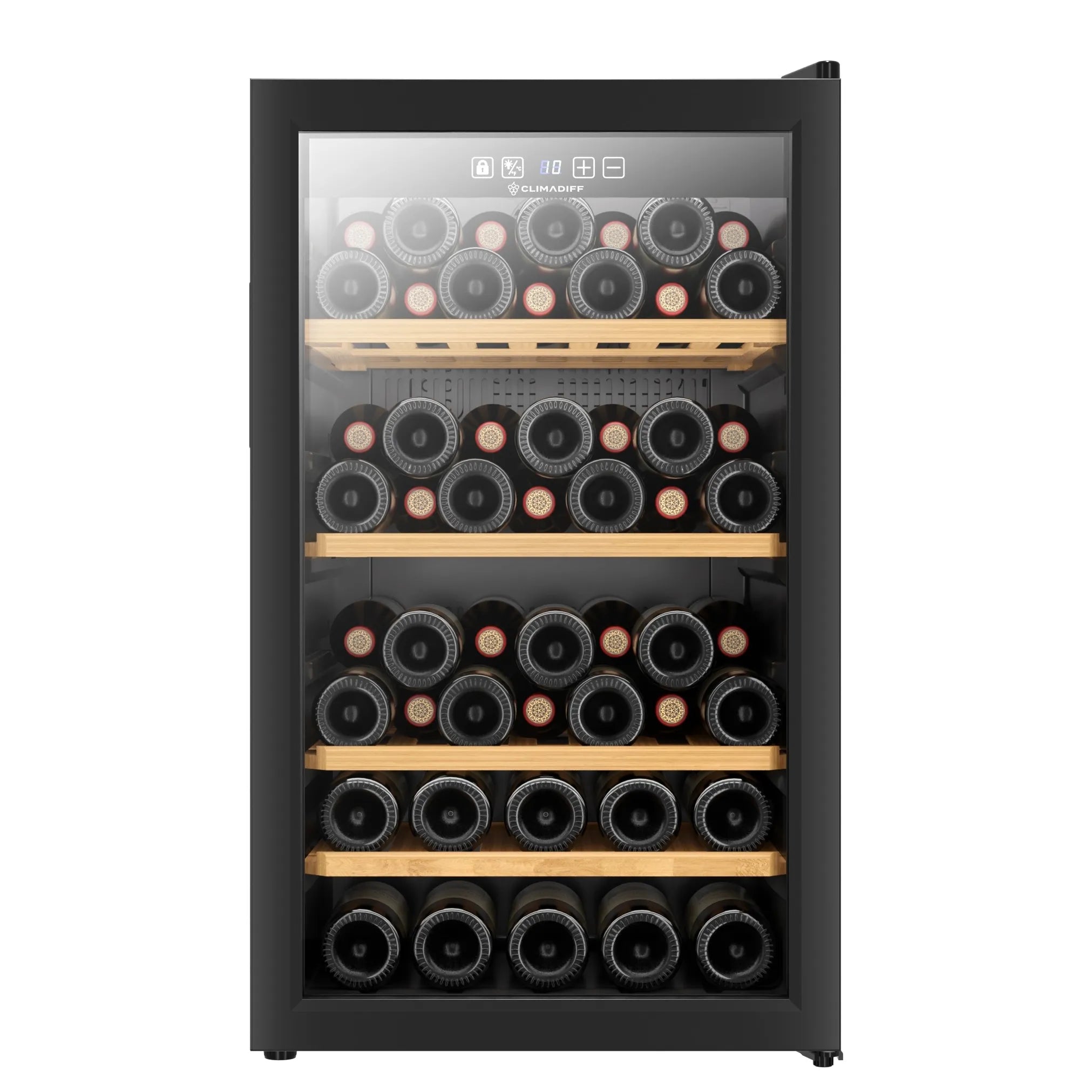 Vinoteca independiente Climadiff cls52b1 con marco negro y puerta de vidrio, con capacidad para aproximadamente 52 botellas de vino distribuidas en cinco estantes de madera.