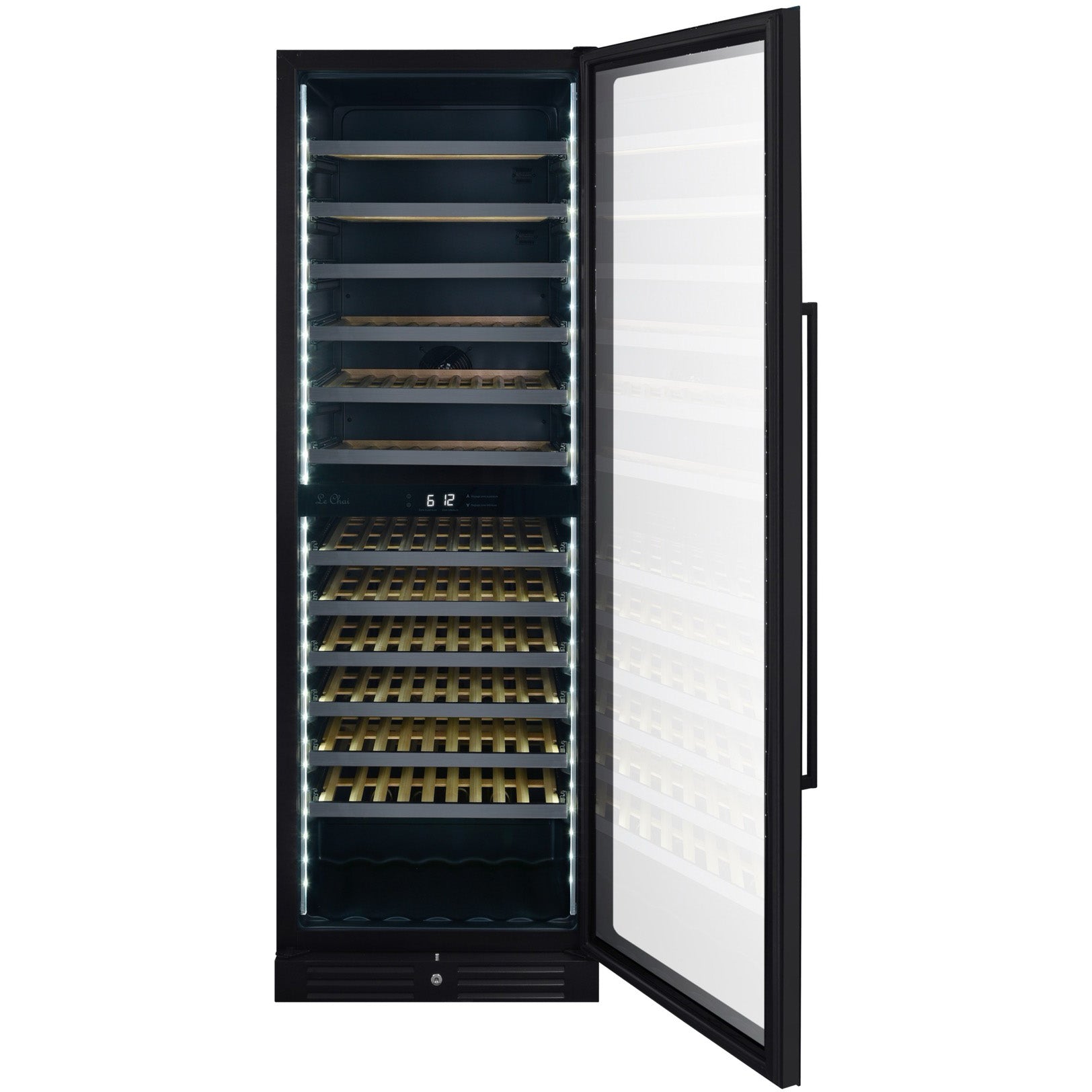 Vinoteca encastrable 119 botellas LBN1540 negra con puerta abierta vacía con iluminación LED blanca