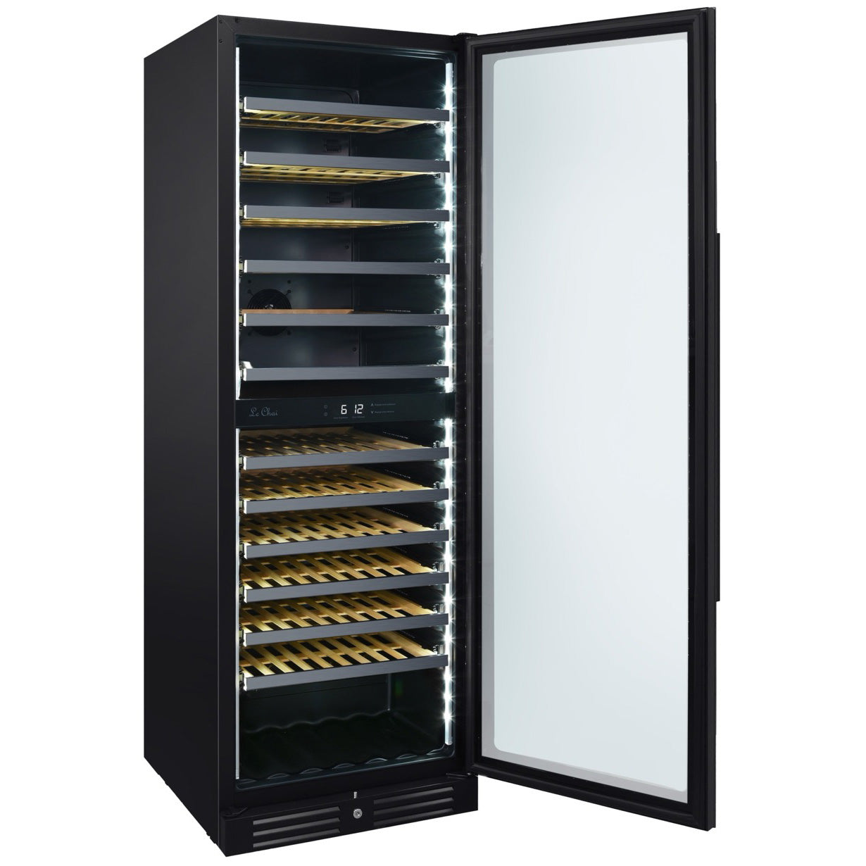 Vinoteca encastrable 119 botellas LBN1540 negra vista lateral con puerta abierta vacía con iluminación LED blanca