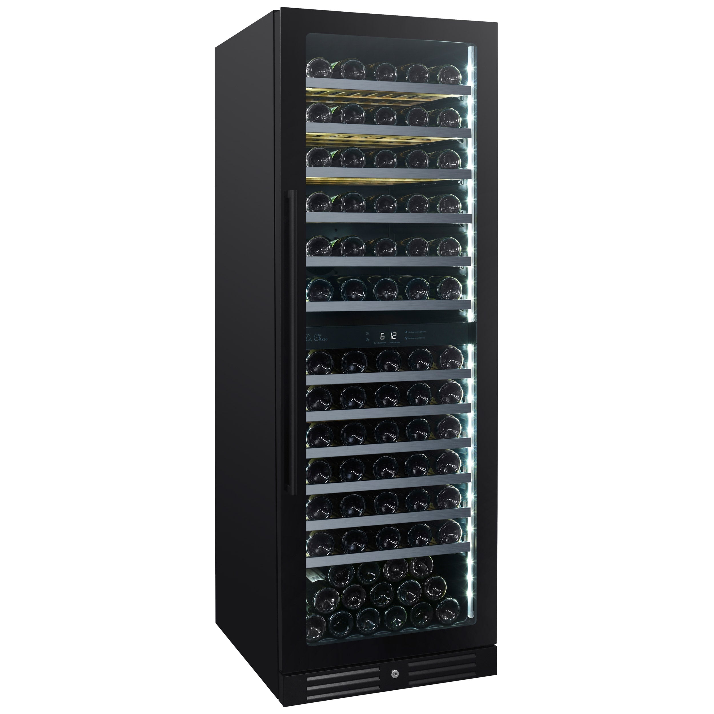 Vinoteca encastrable 119 botellas LBN1540 negra vista lateral con puerta cerrada llena de botellas de vino y con iluminación LED blanca