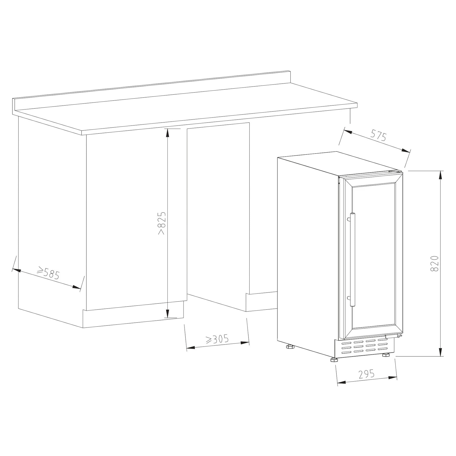 Esquema técnico con medidas de instalación para vinoteca encastrable, mostrando dimensiones del hueco bajo encimera y del equipo, incluyendo alto 820 mm, fondo 575 mm y ancho 295 mm.