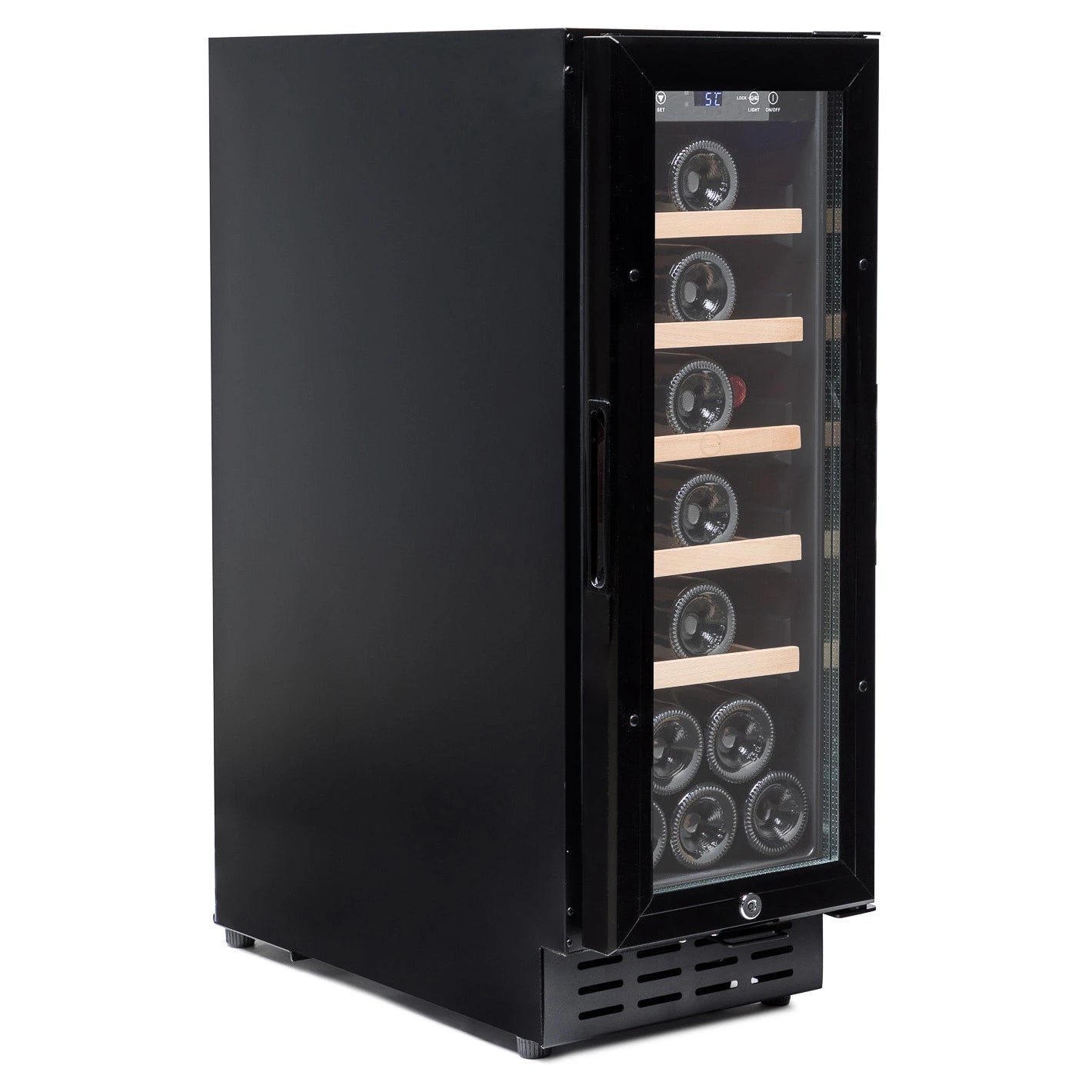 Vinoteca encastrable Vinobox V20 Design Black para 20 botellas, con puerta de vidrio, estantes de madera y panel digital de temperatura visible en la parte superior.