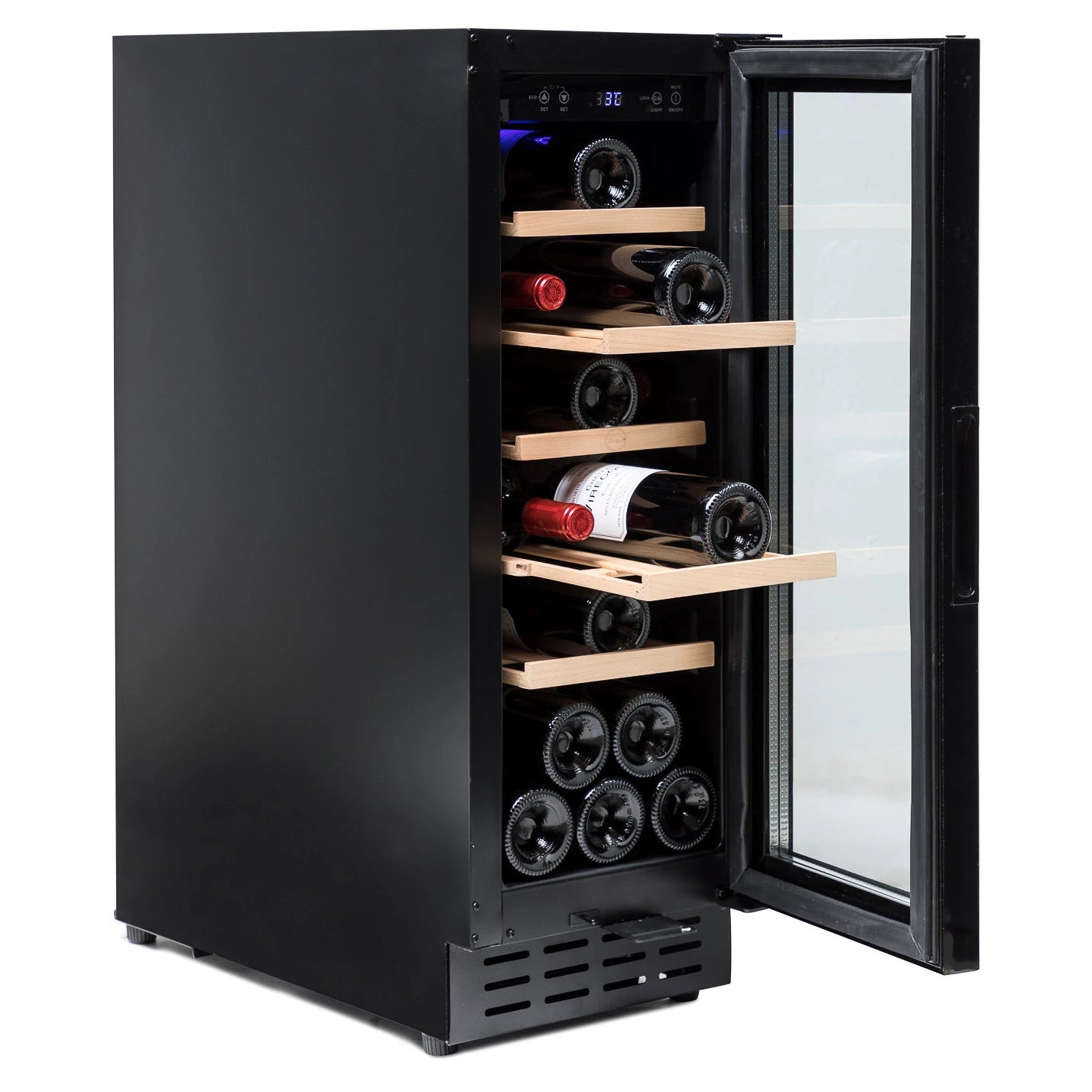 Vinoteca Vinobox V20 Design Black para 20 botellas con puerta de vidrio abierta, estantes de madera extraíbles y panel digital superior con iluminación interior azul.