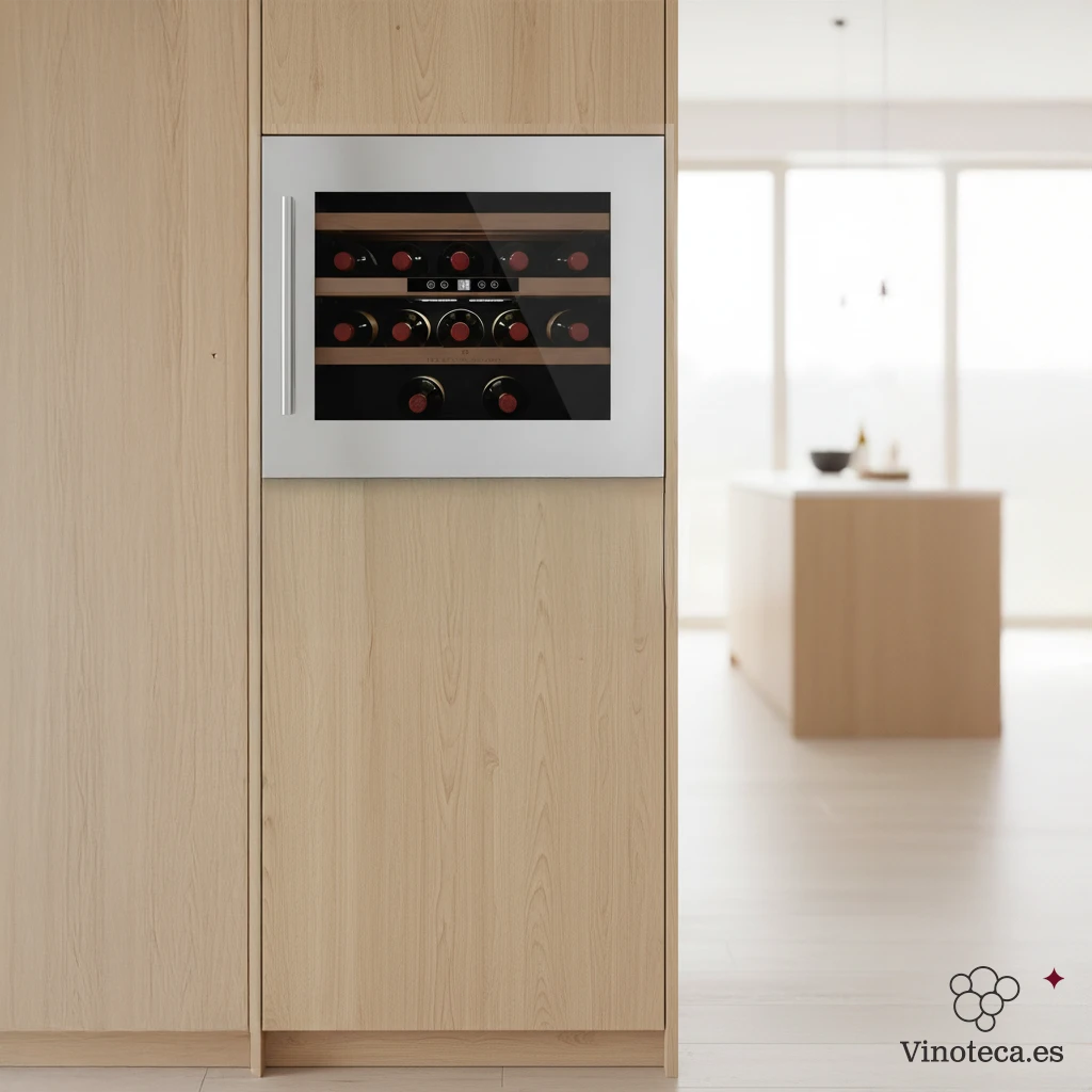 Vinoteca Les Petits Champs CAVCI24 empotrada con marco de acero inoxidable, integrada en un mueble de madera clara, con capacidad para 24 botellas distribuidas en estantes de madera, en una cocina moderna y luminosa.