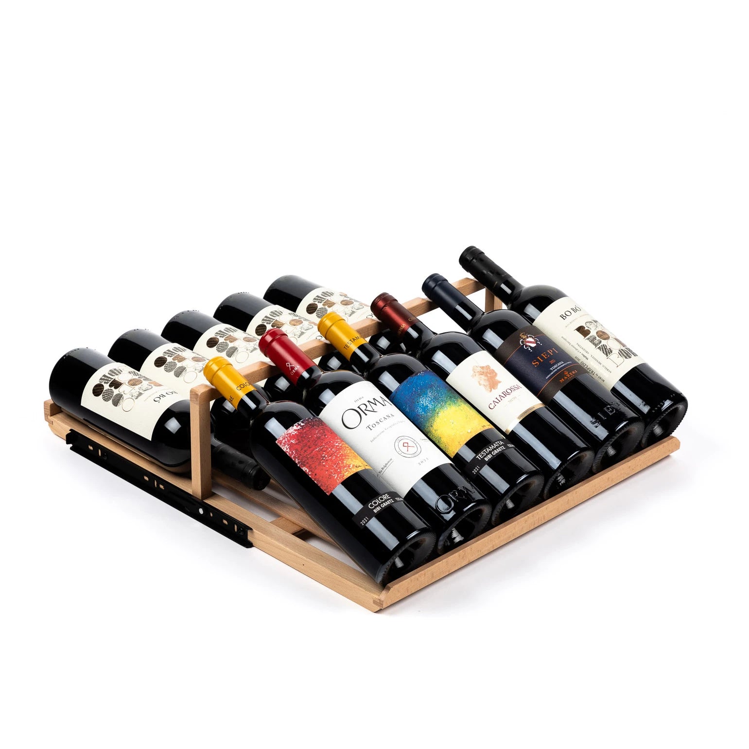 Detalle interior de la vinoteca Vinobox 24 Design Black con botellas almacenadas sobre baldas de madera.