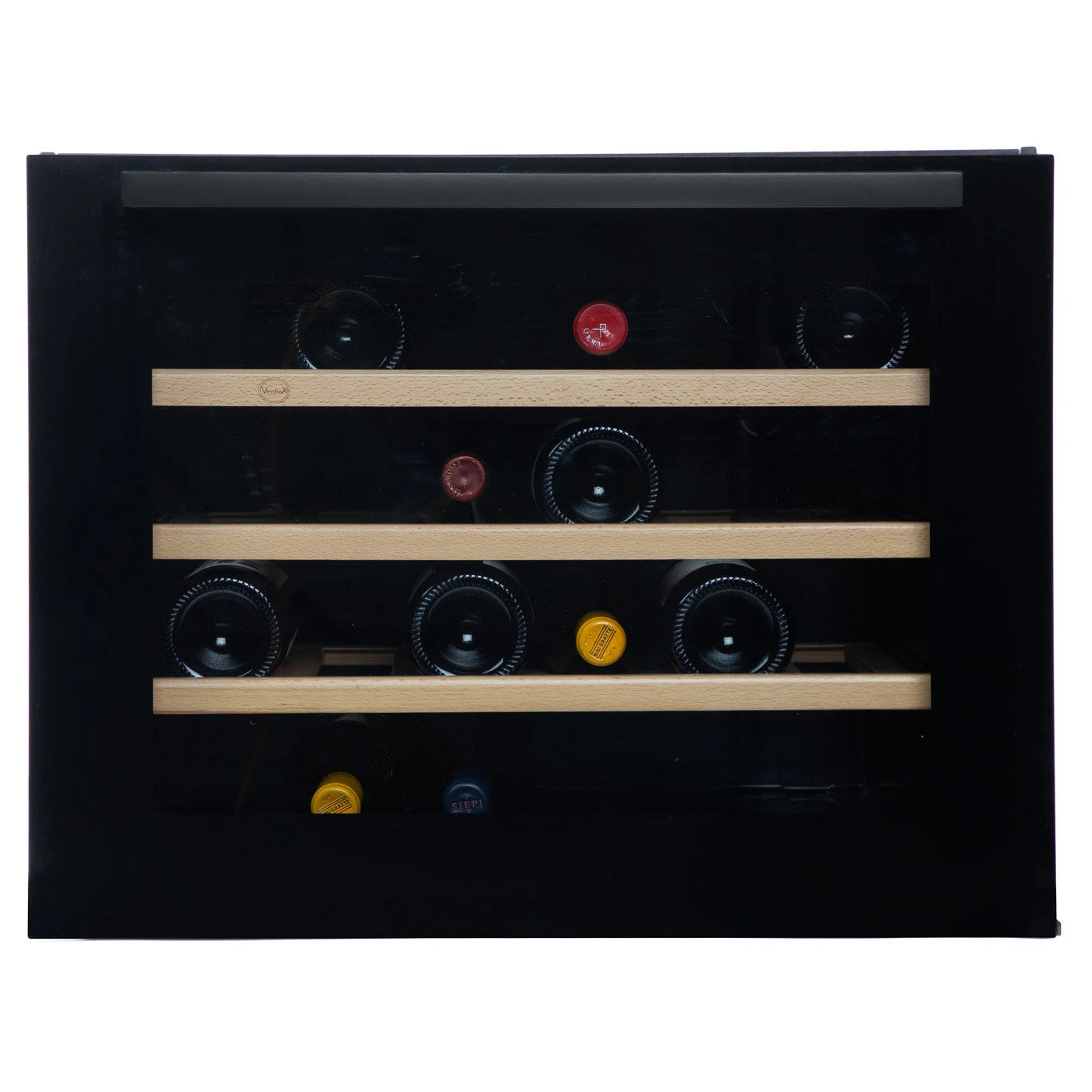 Vinoteca Vinobox 24 Design Black encastrable de 24 botellas con puerta de cristal negra.