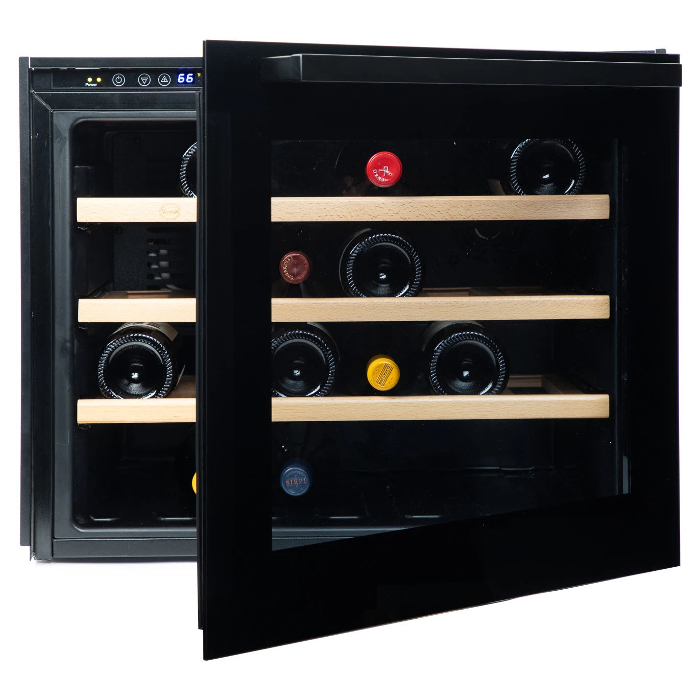 Vinoteca Vinobox 24 Design Black con puerta abierta y baldas de madera extraibles.