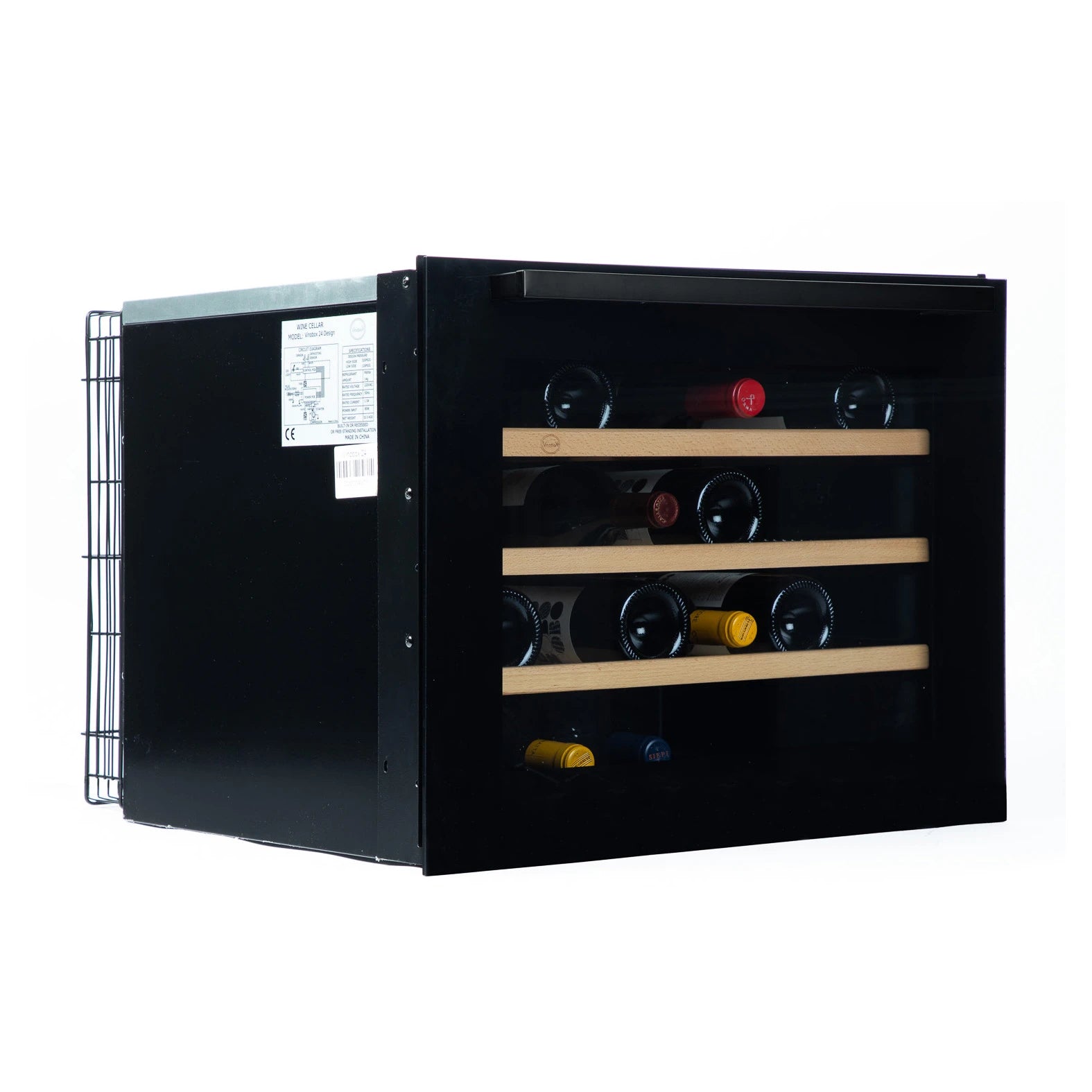 Detalle de la vinoteca Vinobox 24 Design Black con puerta de doble cristal anti UV y acabado negro.