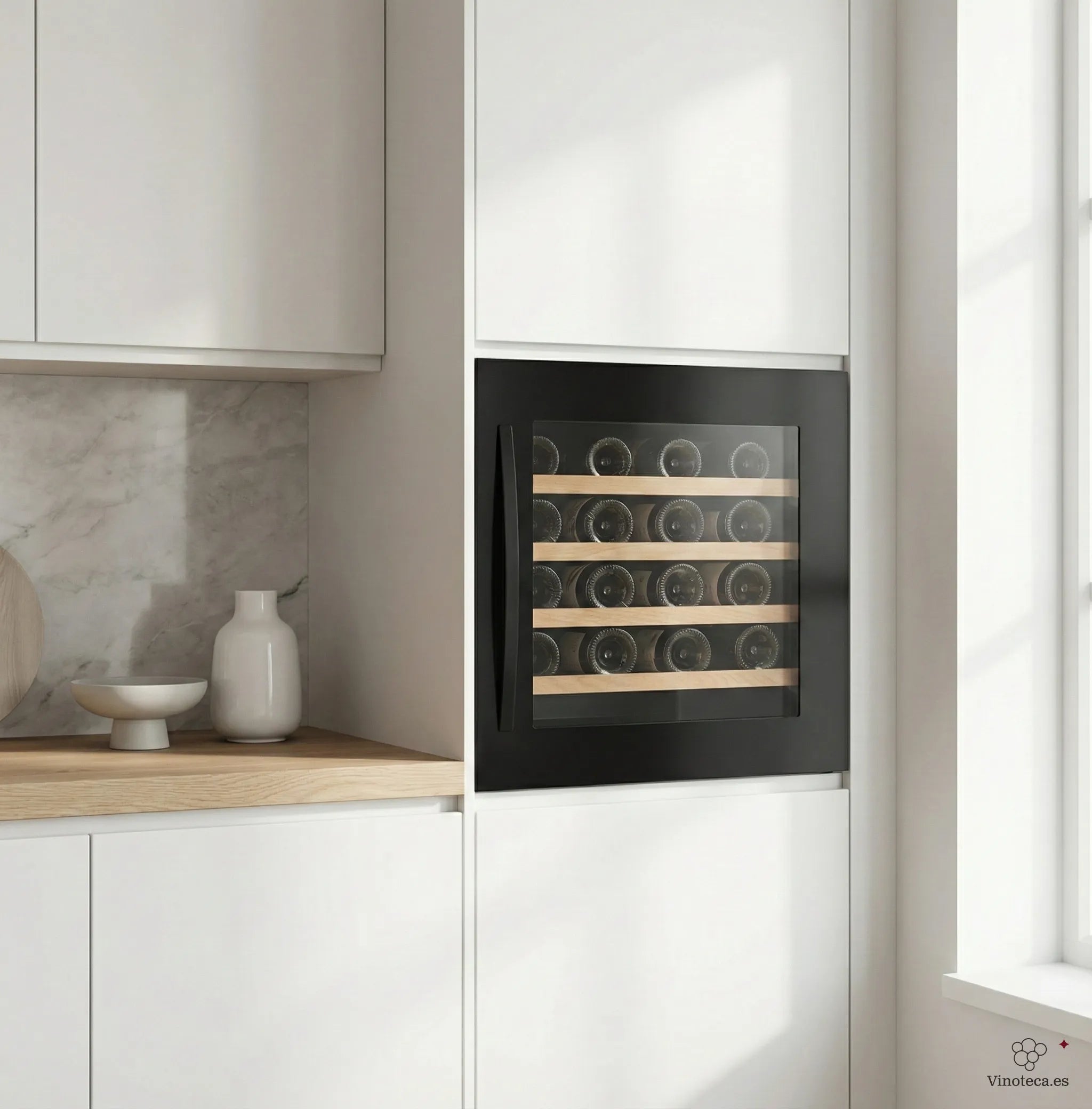 Cocina moderna en tonos claros con vinoteca encastrable Caviss SLEN132TBE4 integrada en columna, con puerta de vidrio y botellas visibles en estantes de madera.