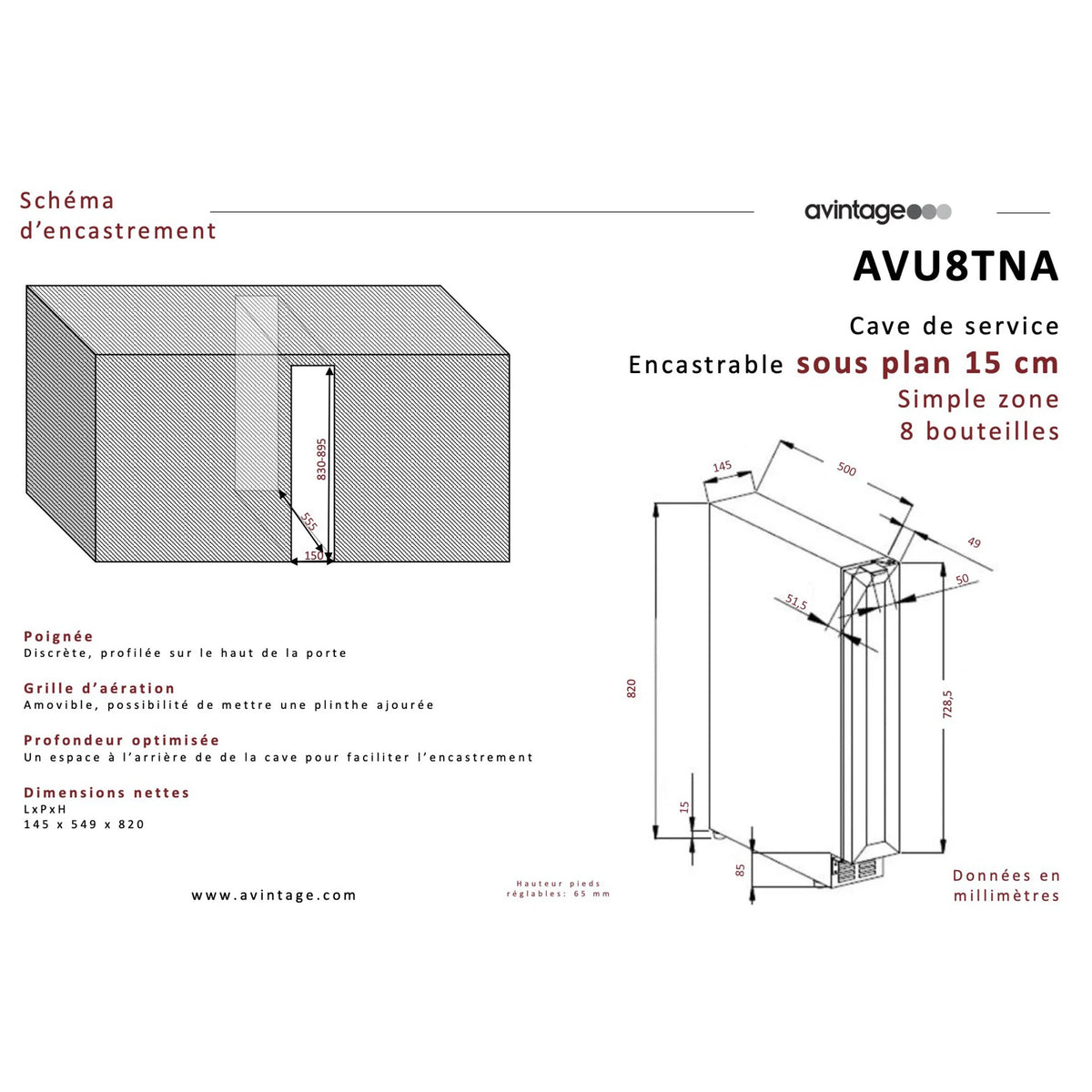 Plano de encastre de la Vinoteca encastrable 8 botellas Avintage AVU8TNA con las dimensiones para su integración.