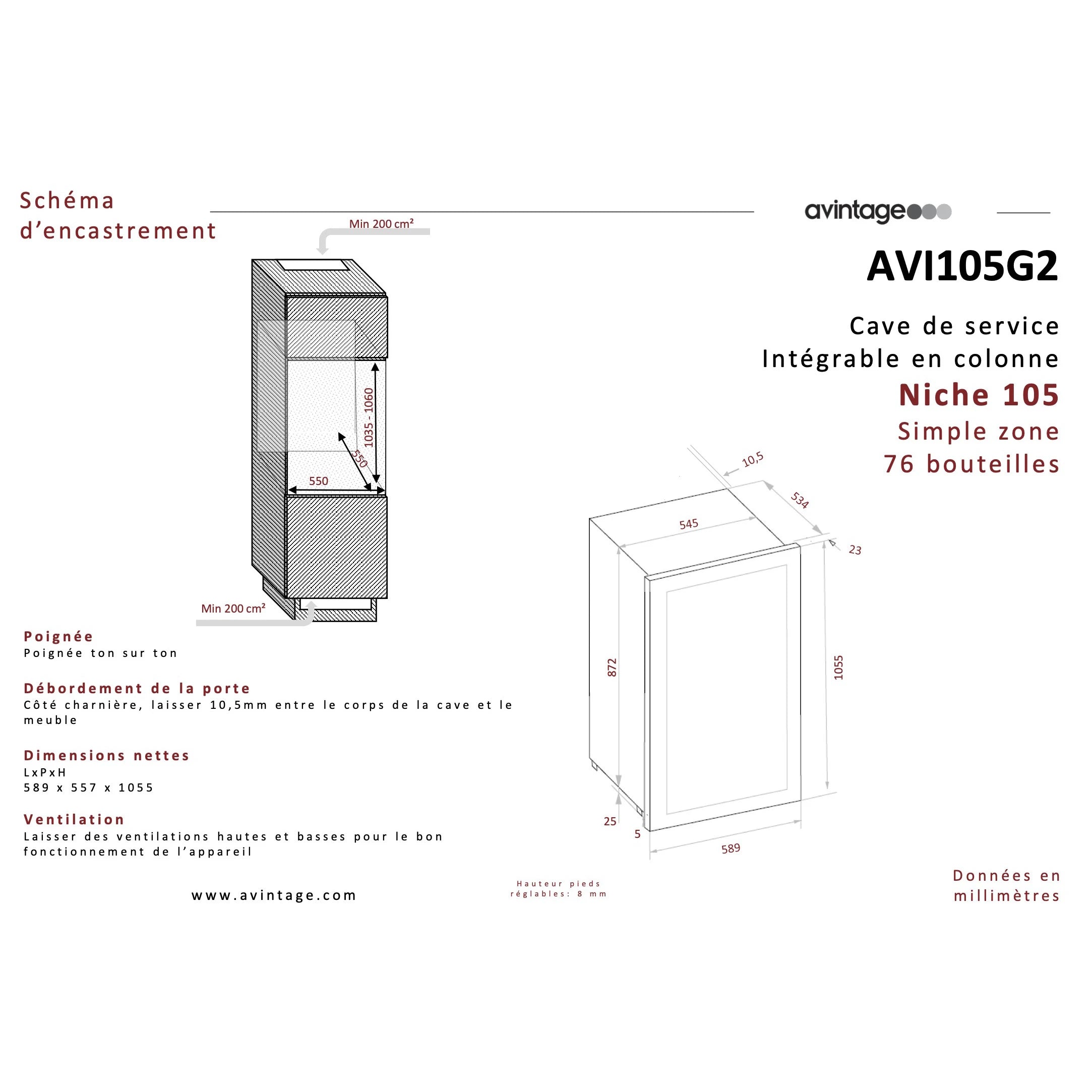 Diagrama de encastre de la Vinoteca encastrable en columna 62 botellas Avintage AVI105G2 doble zona con dimensiones y recomendaciones de instalación.