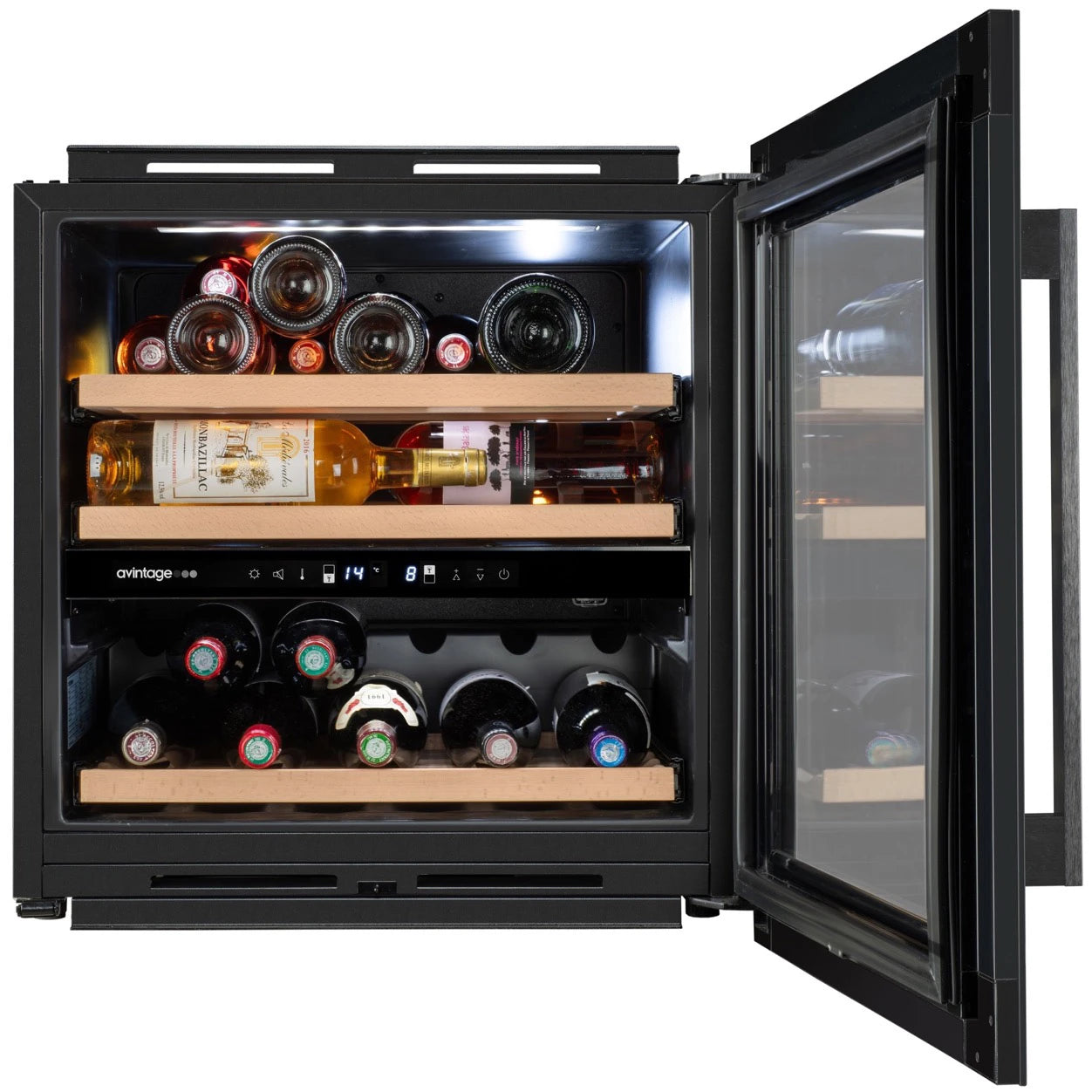Fotografía de la Vinoteca encastrable en columna 28 botellas Avintage AVI60F2FV doble zona.