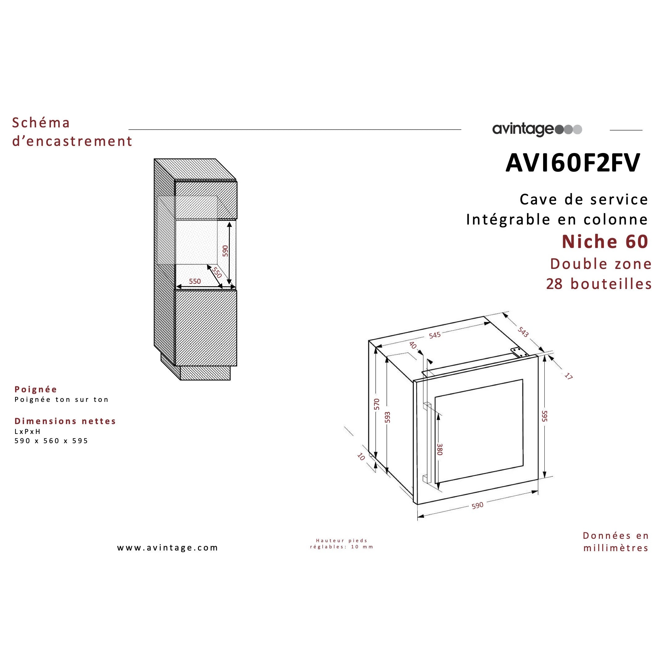 Diagrama de encastre de la Vinoteca encastrable en columna 28 botellas Avintage AVI60F2FV doble zona con dimensiones y recomendaciones de instalación.