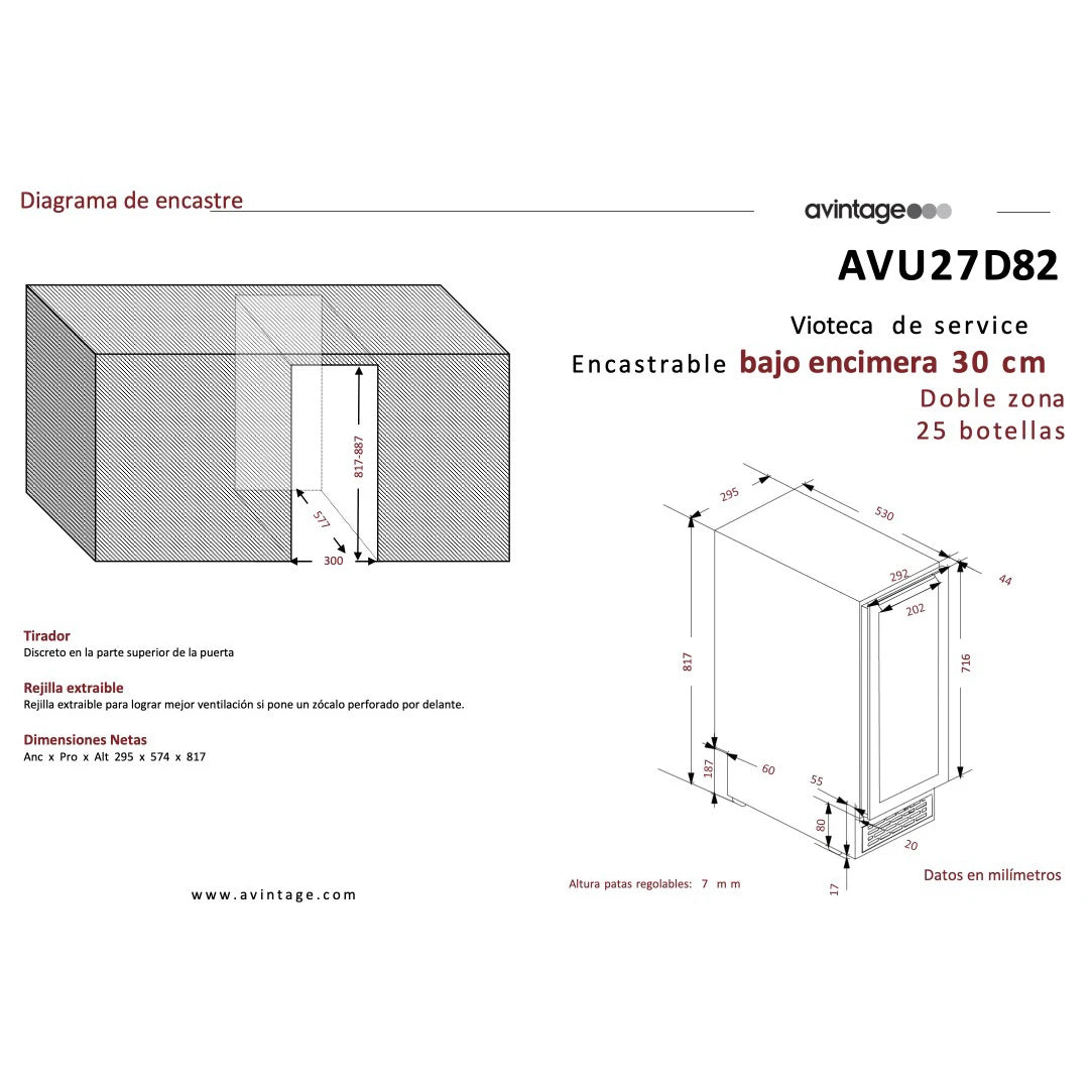 Plano de encastre de la Vinoteca encastrable 22 botellas Avintage AVU27D82 doble zona con las dimensiones para su integración.