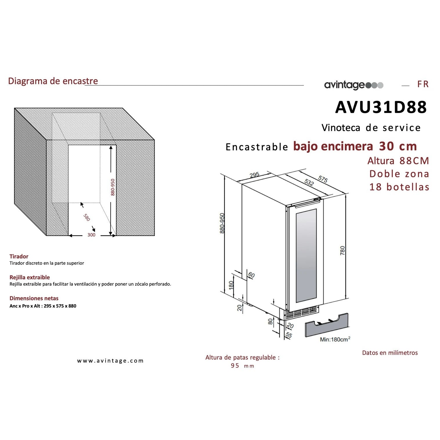 Diagrama de encastre de la Vinoteca encastrable 18 botellas Avintage AVU31D88 doble zona con dimensiones y recomendaciones de instalación.