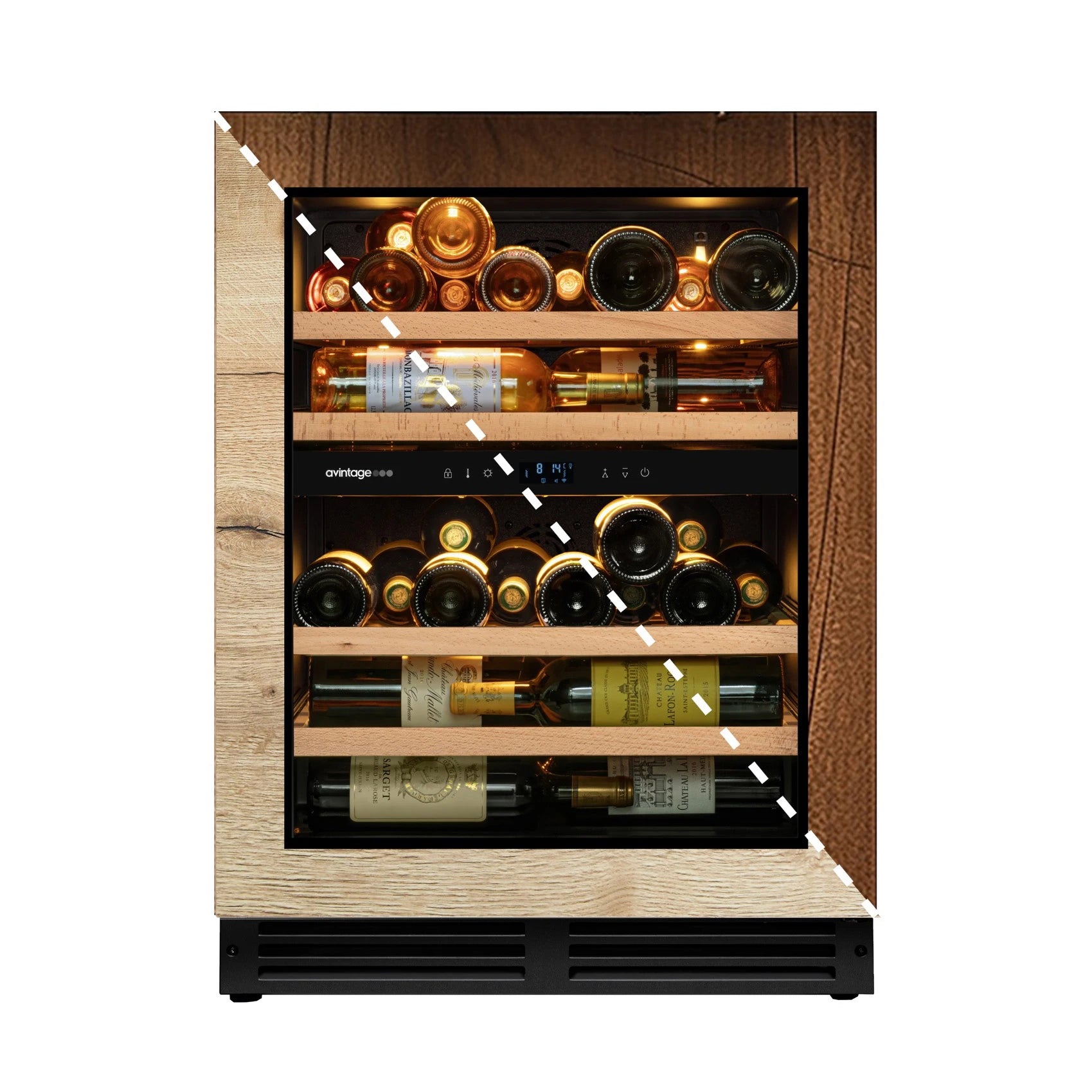 Primer plano del panel digital de la Vinoteca encastrable 47 botellas Avintage AVU50PANEL doble zona donde se muestran las funciones de control de temperatura.