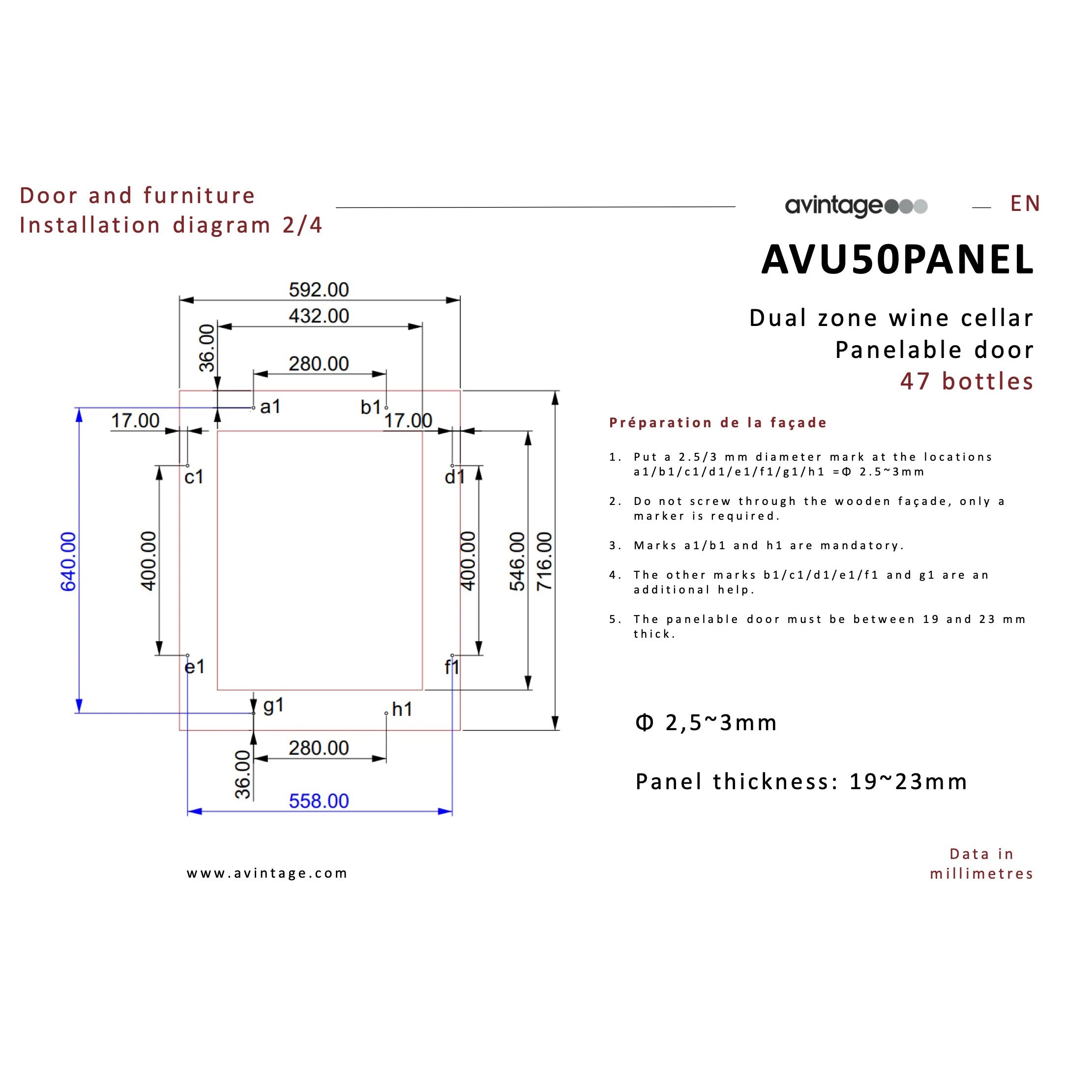 Diagrama de encastre de la Vinoteca encastrable 47 botellas Avintage AVU50PANEL doble zona con dimensiones y recomendaciones de instalación.