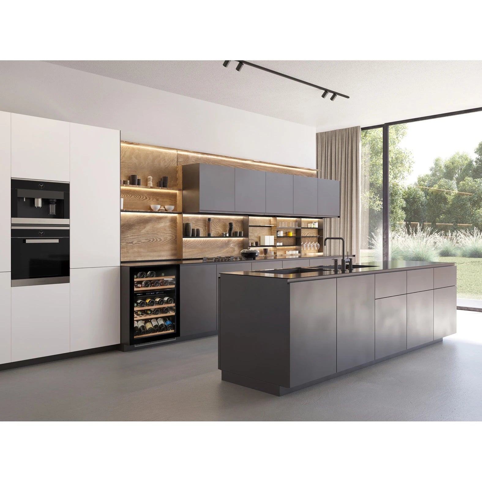 Vinoteca encastrable 44 botellas Avintage AVU51D82 doble zona instalada en una cocina minimalista.