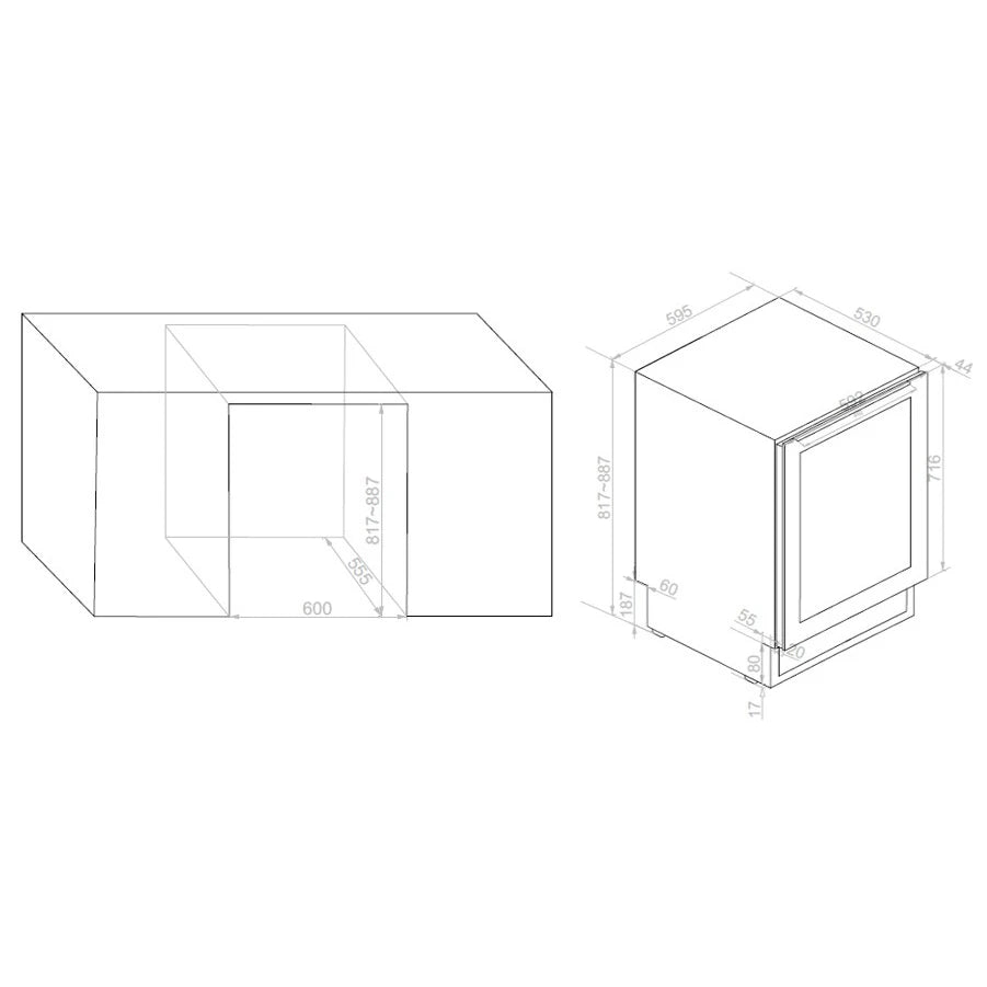 Plano de encastre de la Vinoteca encastrable 44 botellas Avintage AVU51D82 doble zona con las dimensiones para su integración.
