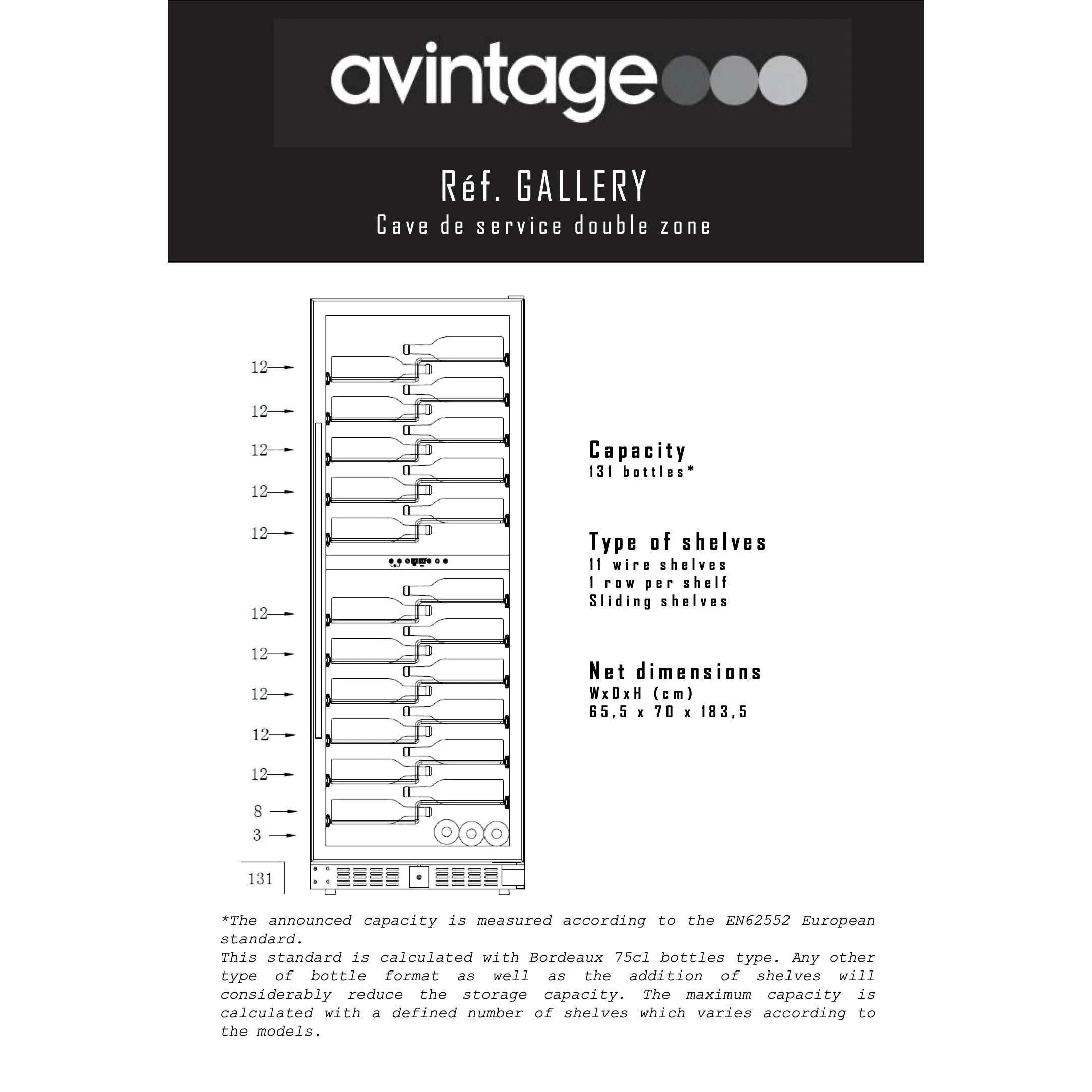 Imagen de la Vinoteca encastrable 131 botellas Avintage GALLERY doble zona.