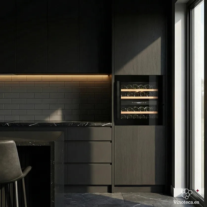 Vinoteca encastrable Caviss CLEN230TBEG de doble zona integrada en mueble negro, puerta de vidrio mostrando botellas en estantes de madera, display digital, en cocina oscura con encimera mármol negro, iluminación LED y luz natural.