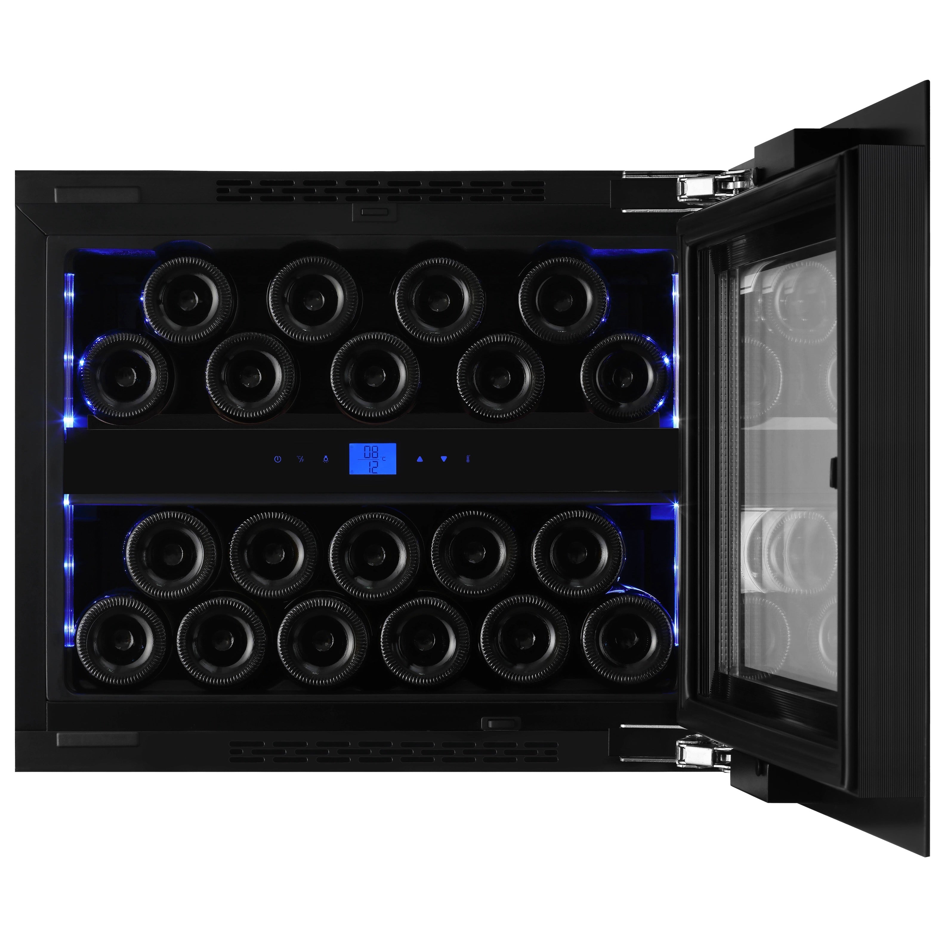 Vinoteca integrable doble zona 20 botellas LBN200POV abierta con iluminación led azul
