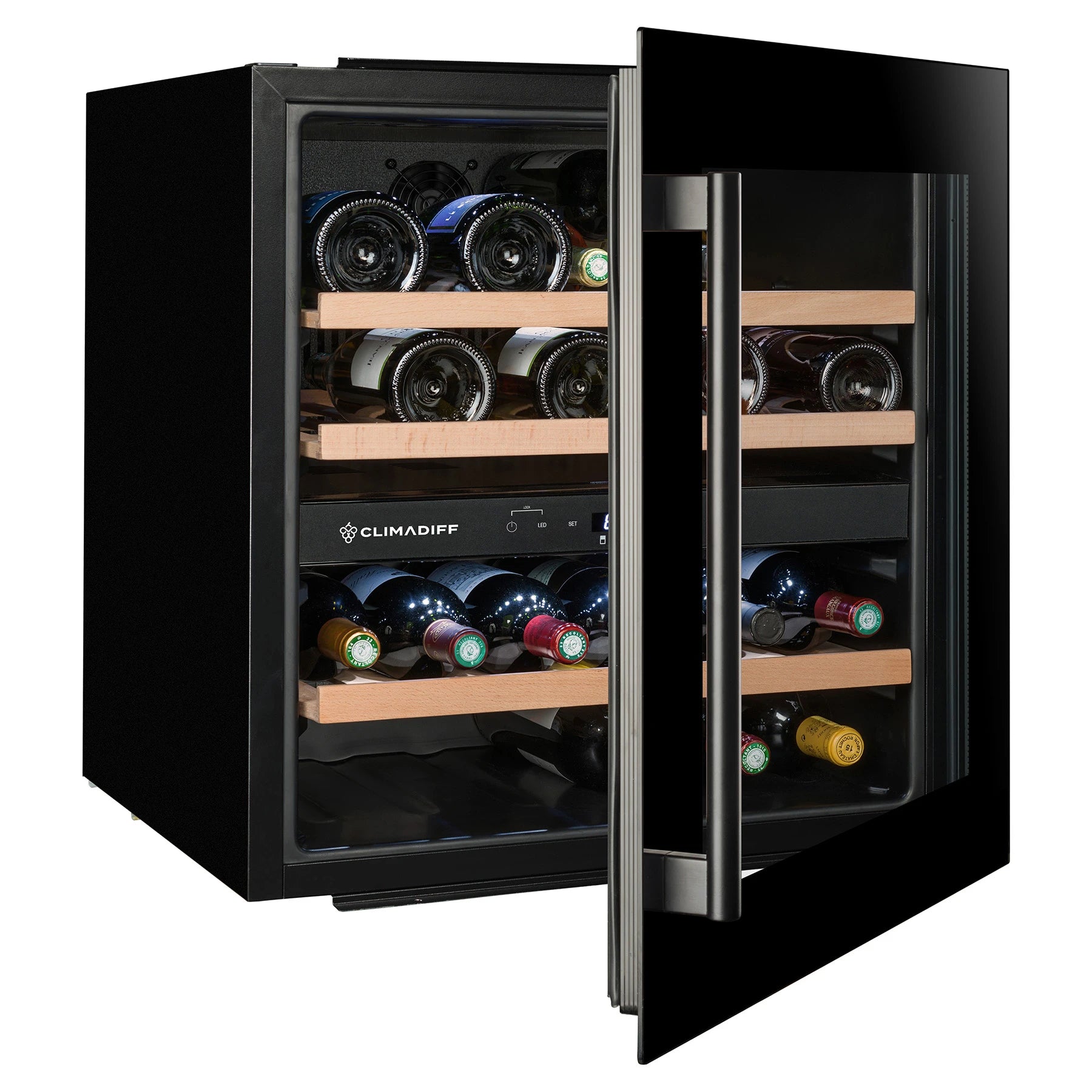 Vinoteca integrable Climadiff CBI40DB1 de 36 botellas con doble zona, puerta de cristal abierta y estantes de madera con botellas de vino colocadas en horizontal.