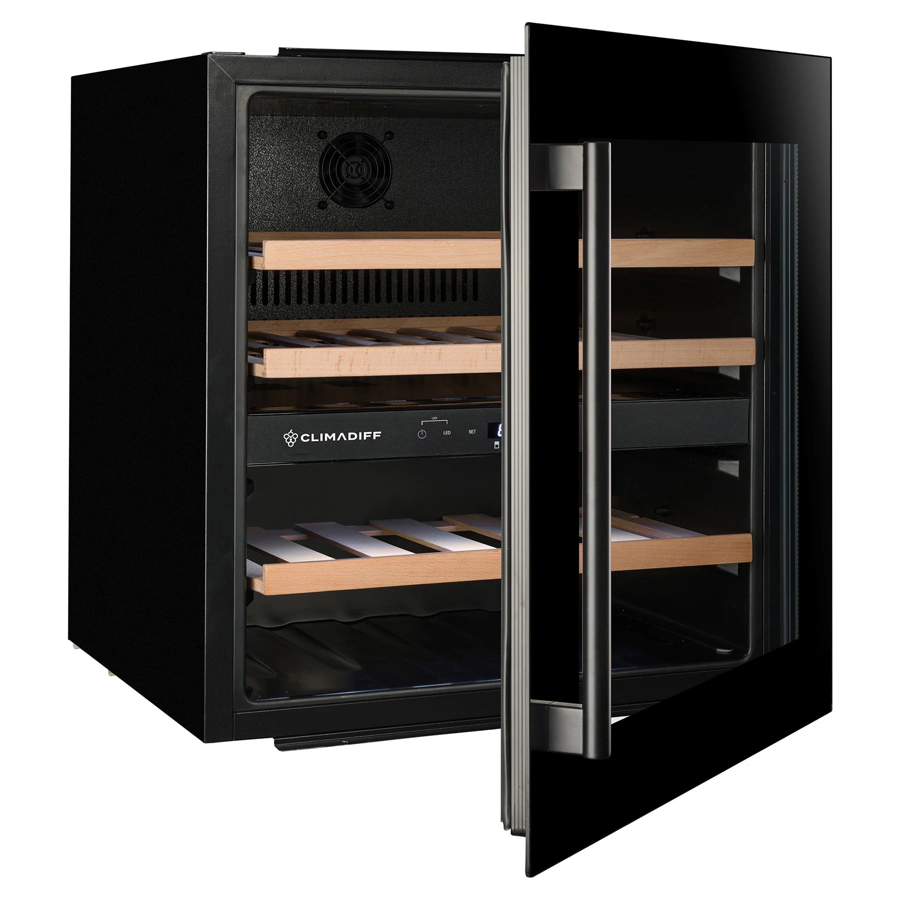Vinoteca integrable Climadiff CBI40DB1 de 36 botellas con doble zona, puerta de cristal abierta y estantes de madera vacíos en el interior.
