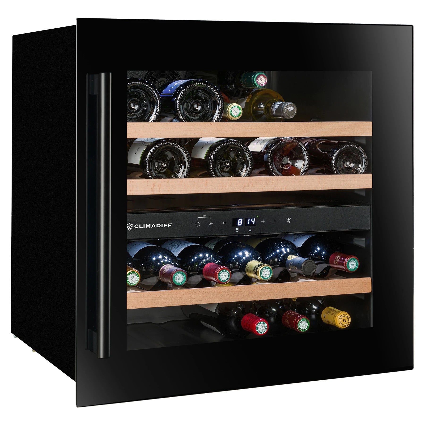 Vinoteca integrable Climadiff CBI40DB1 de 36 botellas con doble zona de temperatura, puerta de cristal negro, tirador vertical y estantes de madera con botellas colocadas en horizontal.