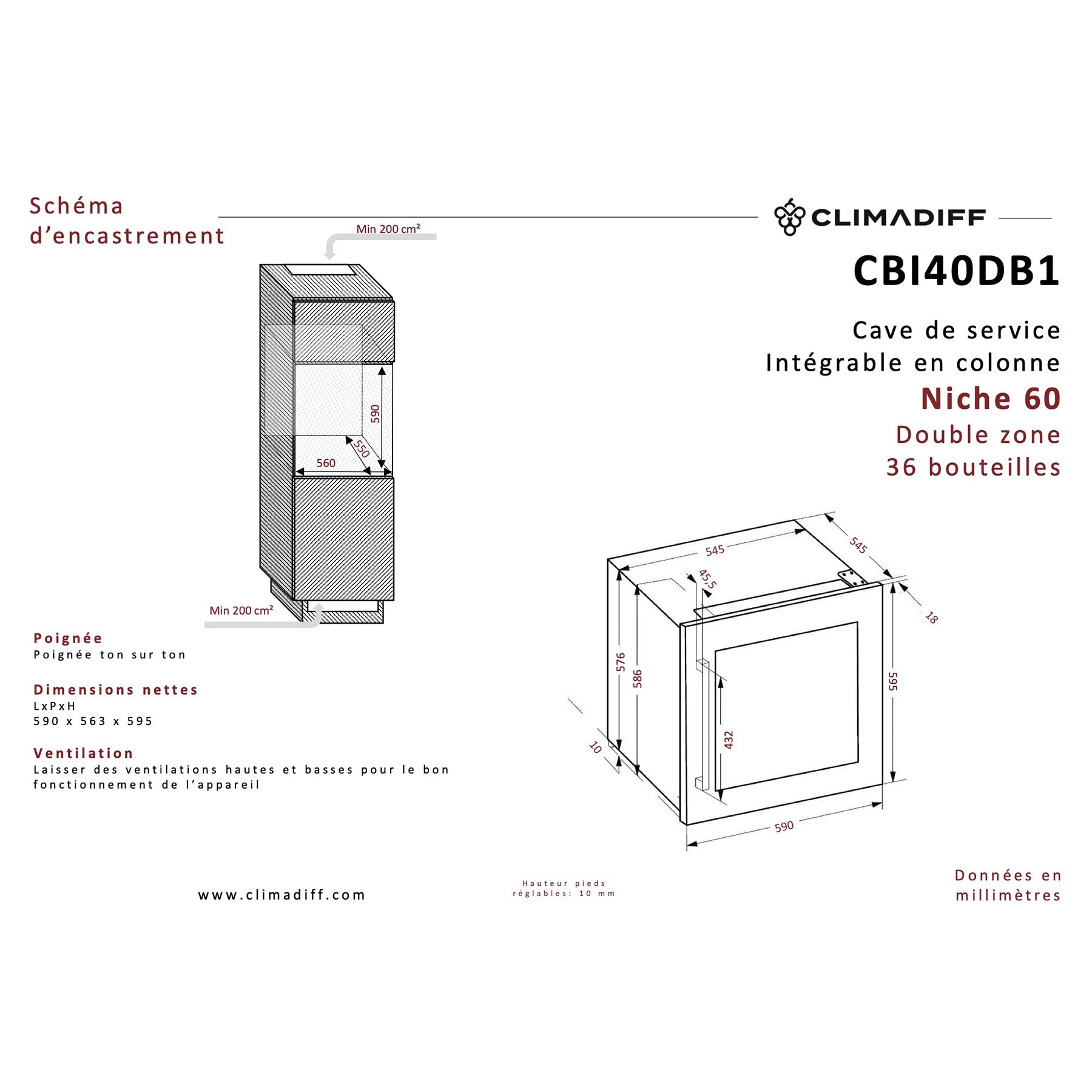 Esquema de encastre de la vinoteca integrable Climadiff CBI40DB1, doble zona para 36 botellas, con dimensiones 590 x 563 x 595 mm y requisitos de ventilación mínima de 200 cm².