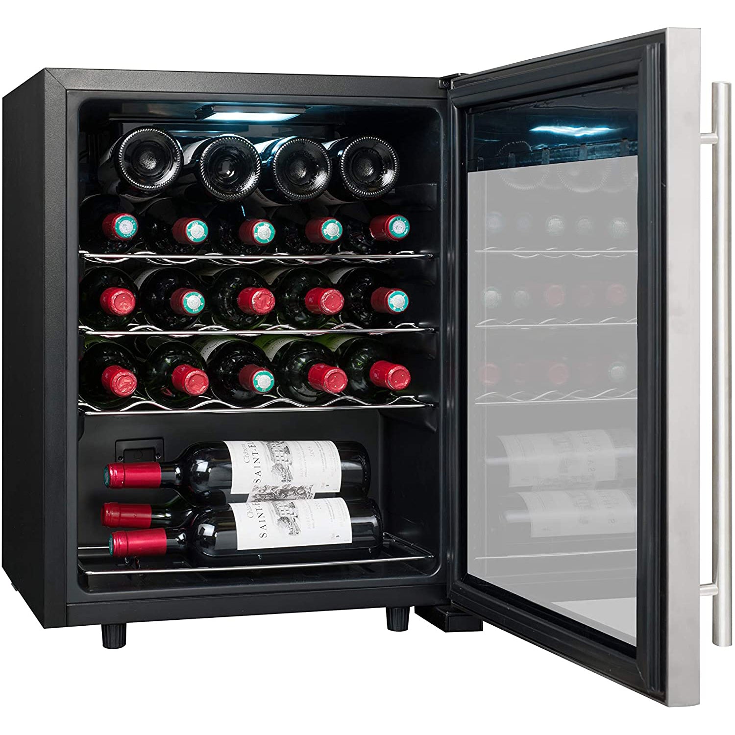 Vinoteca La Sommelière LS24A con la puerta abierta mostrando botellas de vino tinto en estantes metálicos y luz azul.