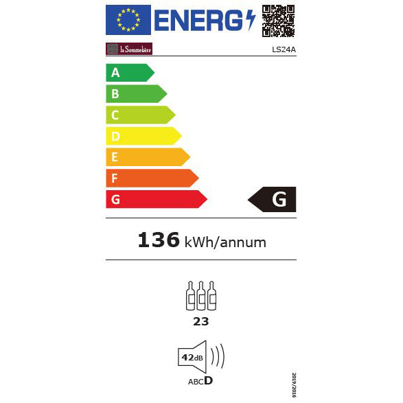 Etiqueta energética de la vinoteca La Sommelière LS24A con clasificación G, consumo de 136 kWh/año y capacidad para 23 botellas.