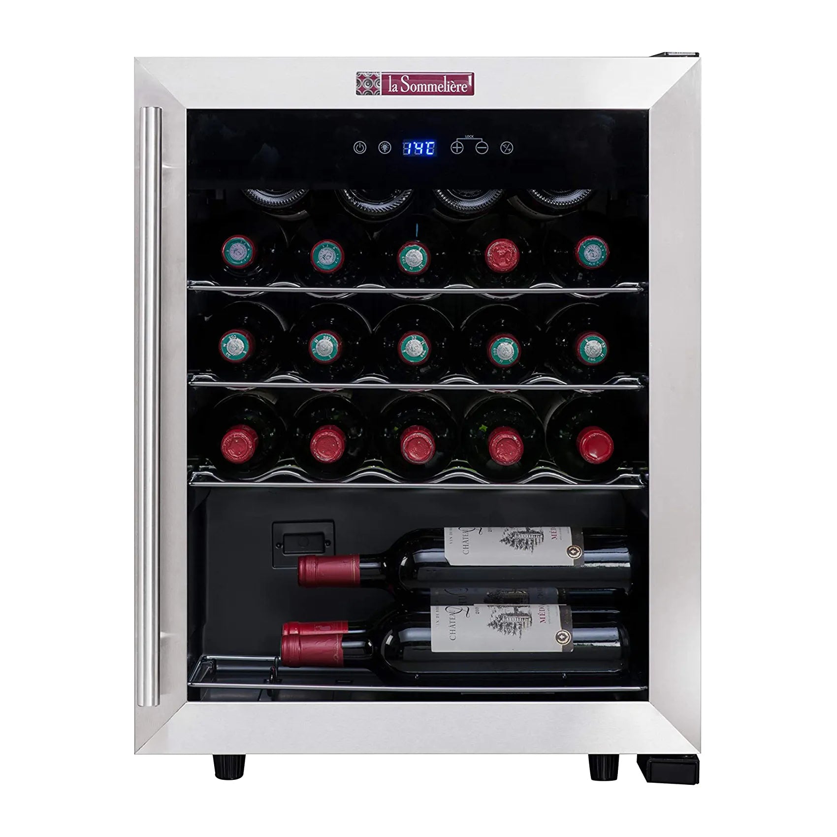 Vinoteca La Sommelière LS24A de 23 botellas con marco de acero inoxidable, puerta de vidrio y estantes llenos de vino.