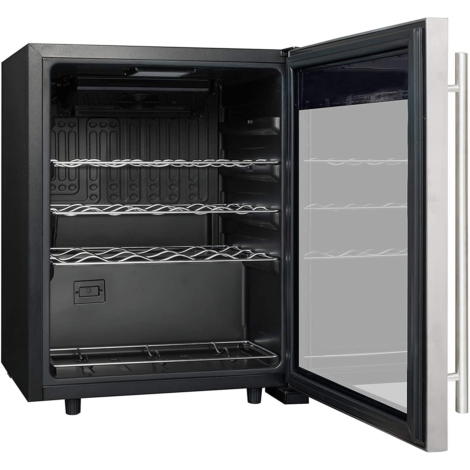 Vinoteca La Sommelière LS24A vacía con puerta abierta, interior negro y estantes metálicos ondulados.