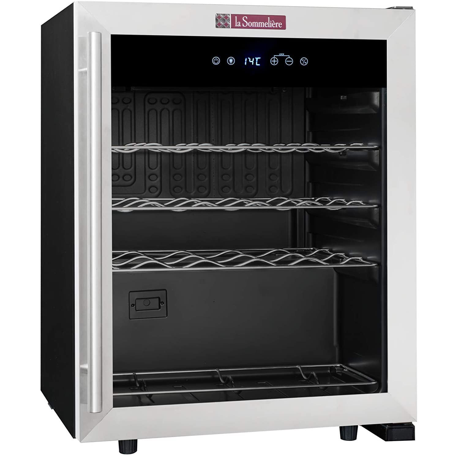 Vinoteca La Sommelière LS24A vacía, vista lateral con puerta de vidrio cerrada y estantes metálicos visibles.