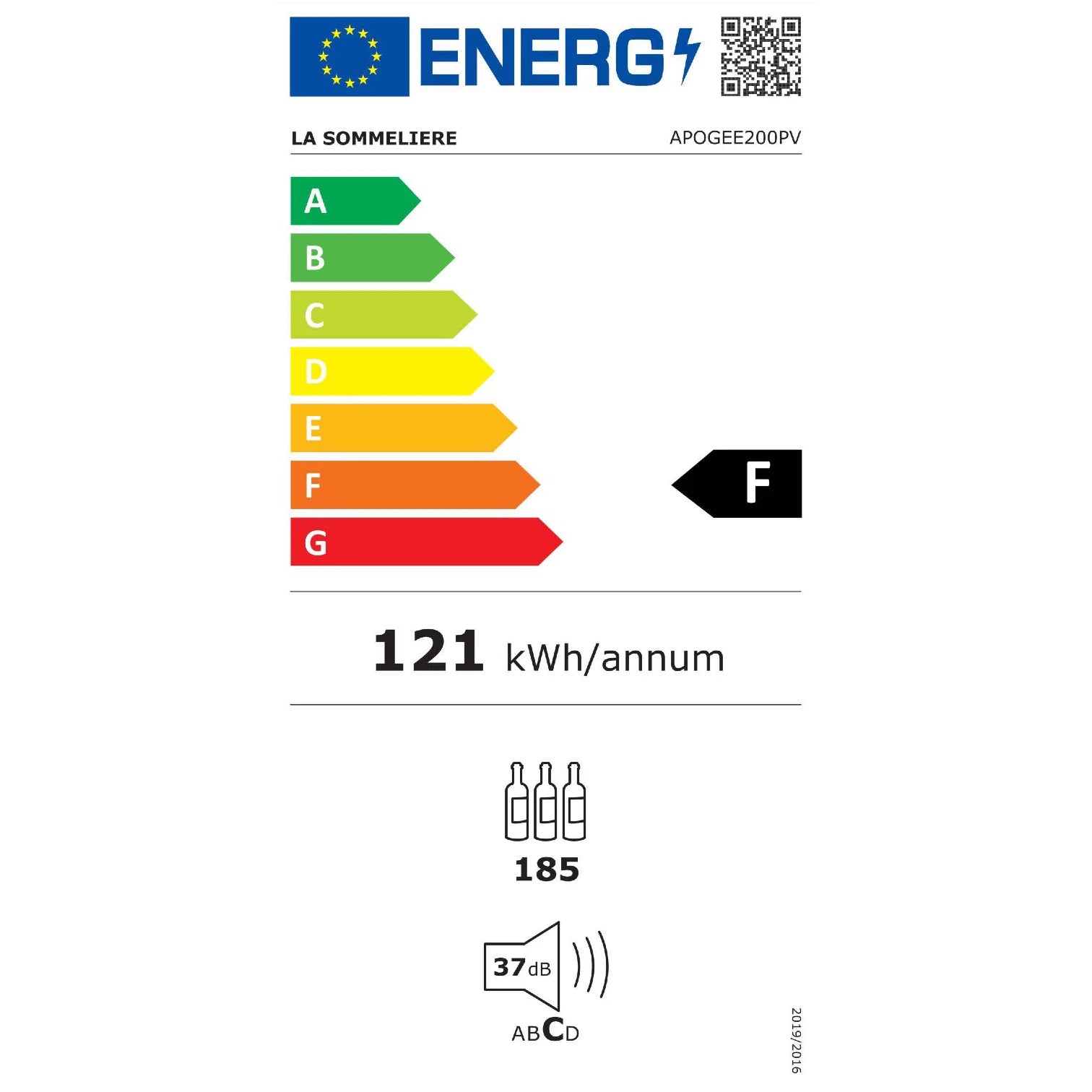 Etiqueta energética de la Vinoteca 185 botellas La Sommelière APOGEE 200PV con detalles de consumo y clasificación.