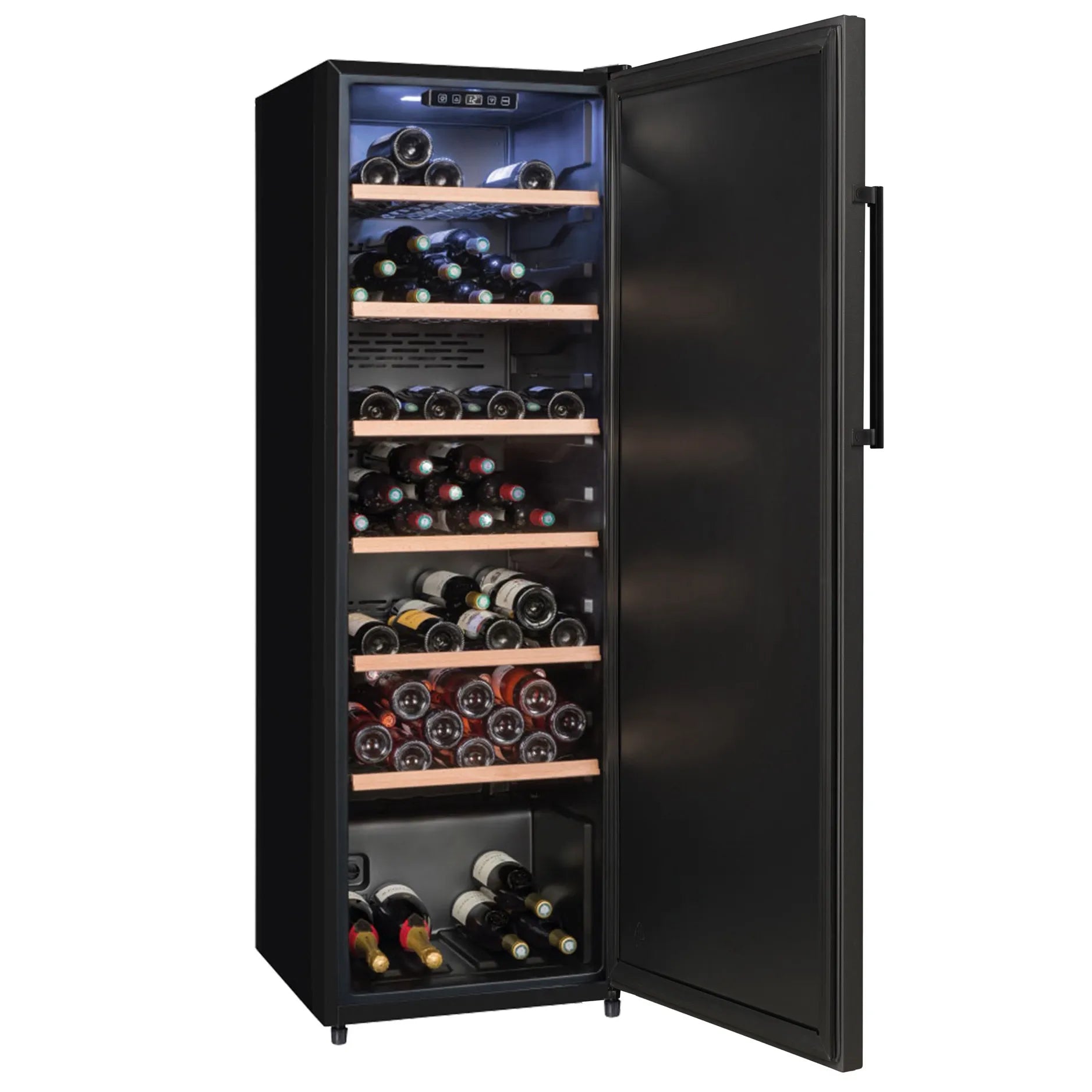Vinoteca La Sommeliere CTPNE147E de envejecimiento, vista en angulo con puerta de cristal negra.