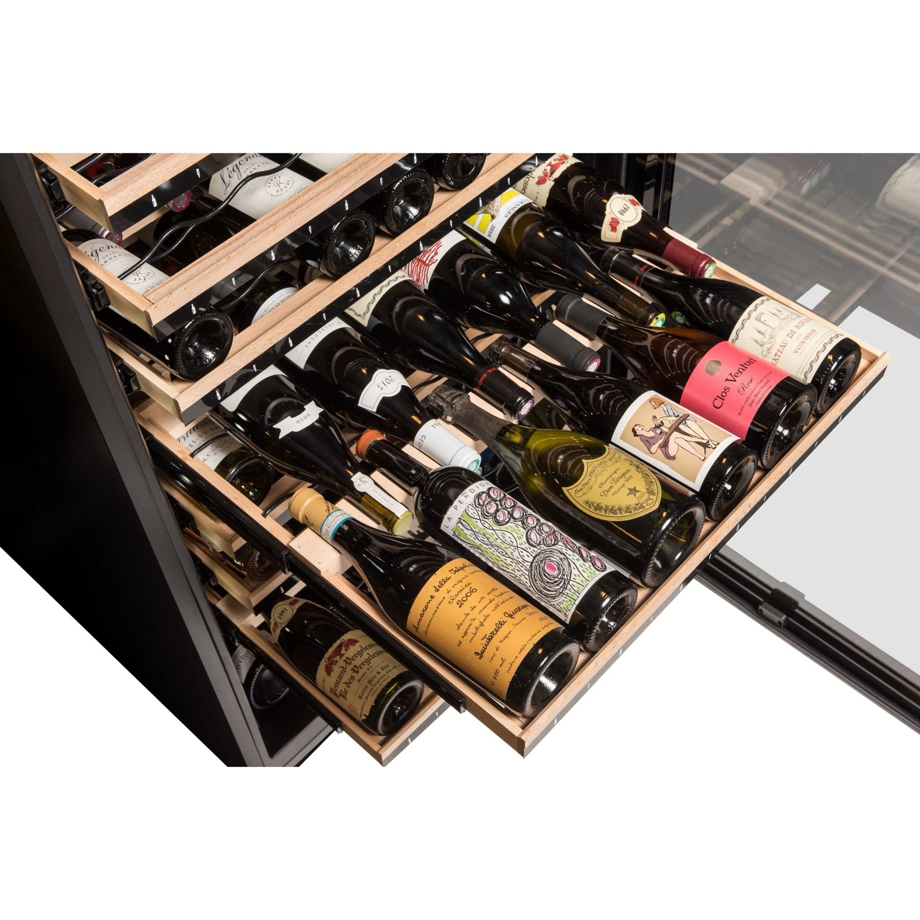 Vista de la Vinoteca 149 botellas La Sommelière ECELLAR.BI150 con estantes de madera llenos de botellas