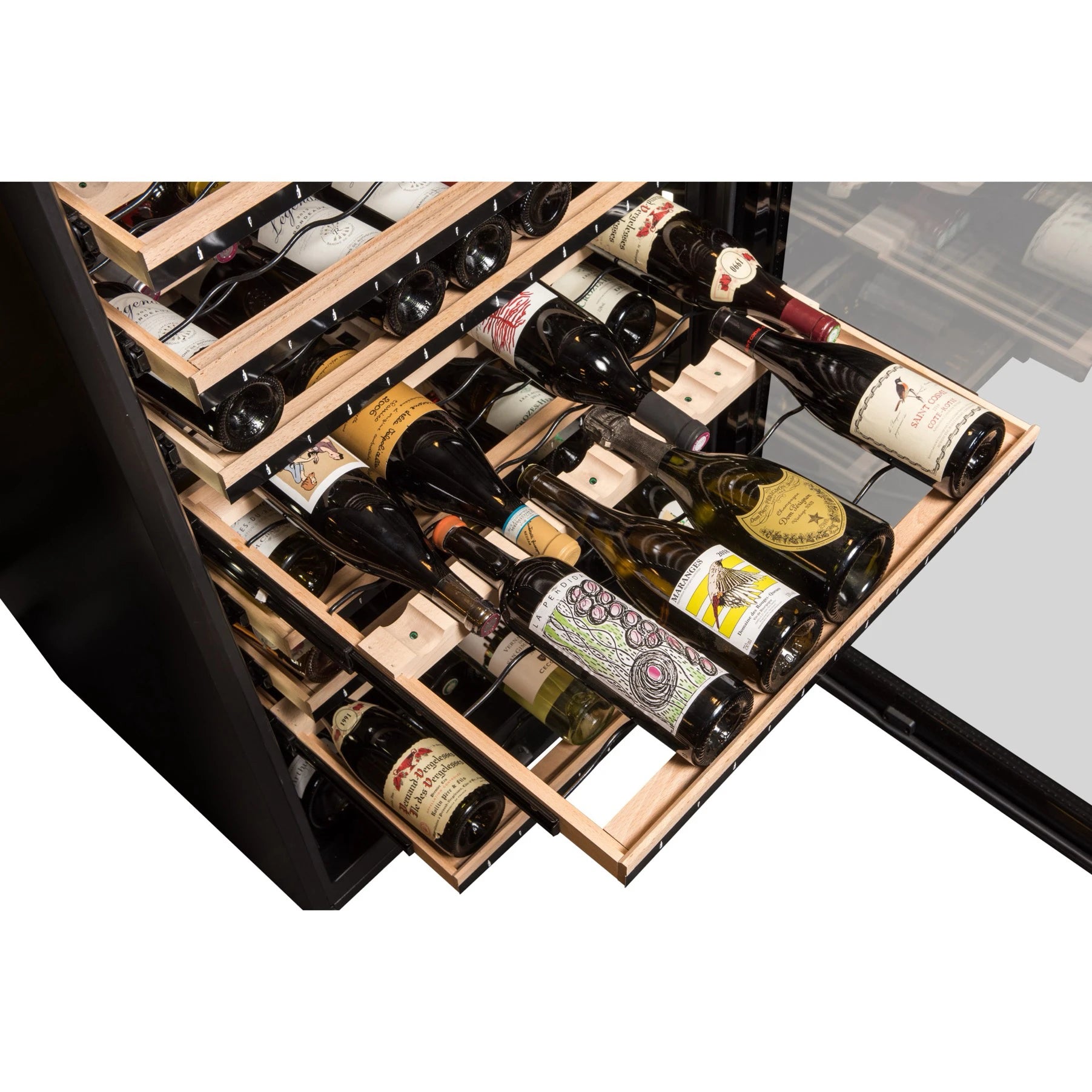 Vista de la Vinoteca 149 botellas La Sommelière ECELLAR.BI150 cargada de botellas de vino tinto y blanco