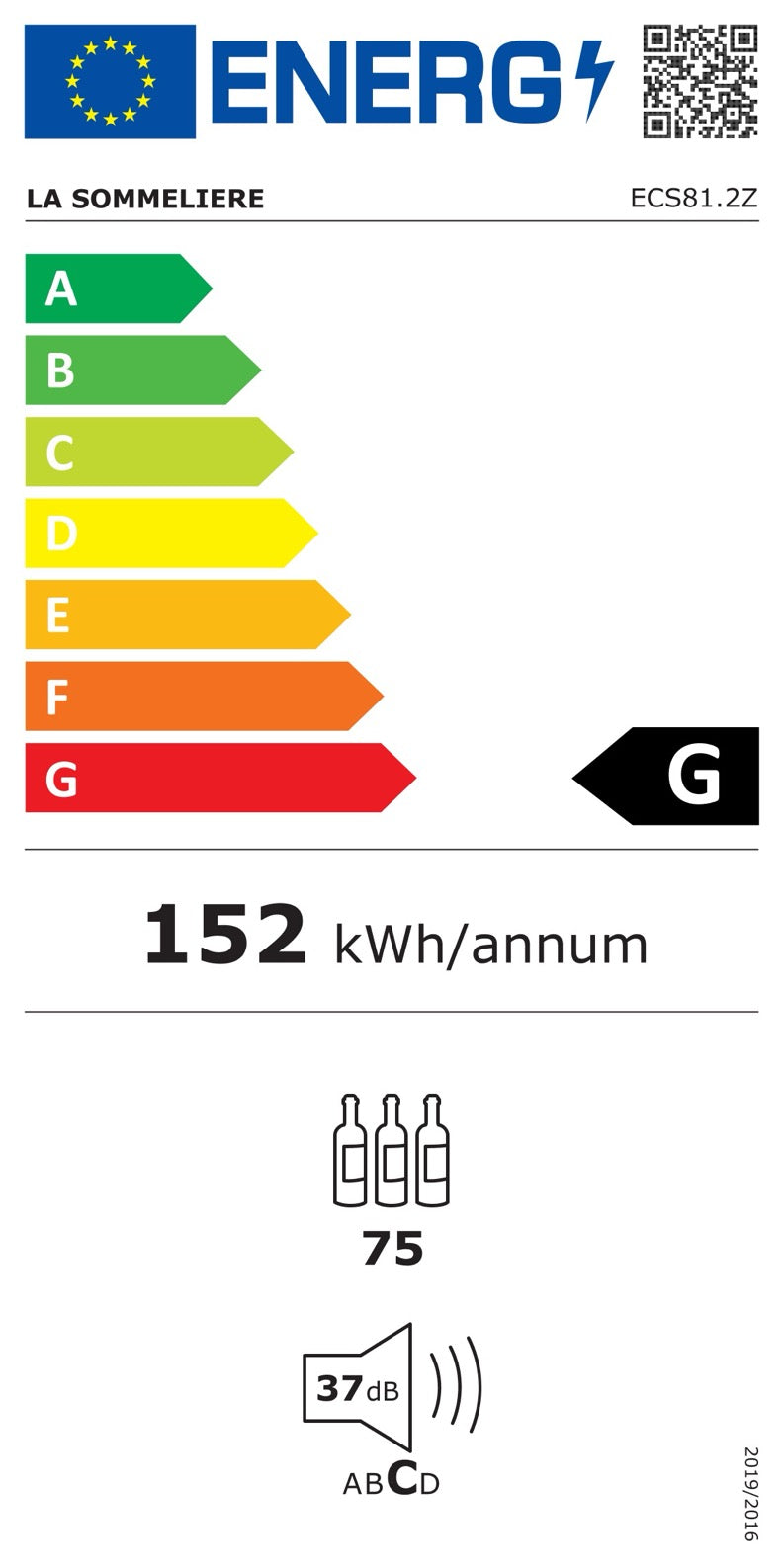 Etiqueta de consumo energético de la Vinoteca 75 botellas La Sommelière ECS81-2Z doble zona con detalles de consumo y clasificación.