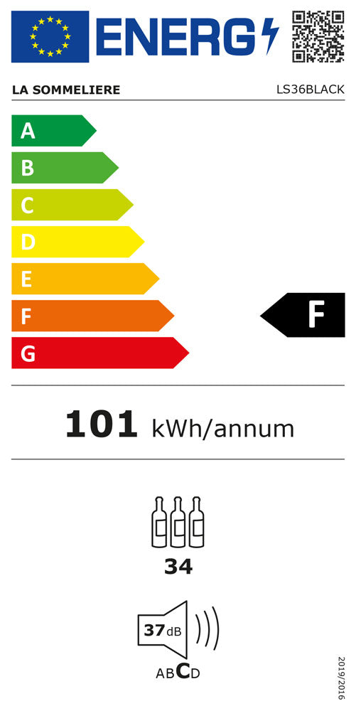 Etiqueta energética de la vinoteca La Sommelière LS36 Black con clasificación F, consumo de 101 kWh/año y capacidad de 34 botellas.